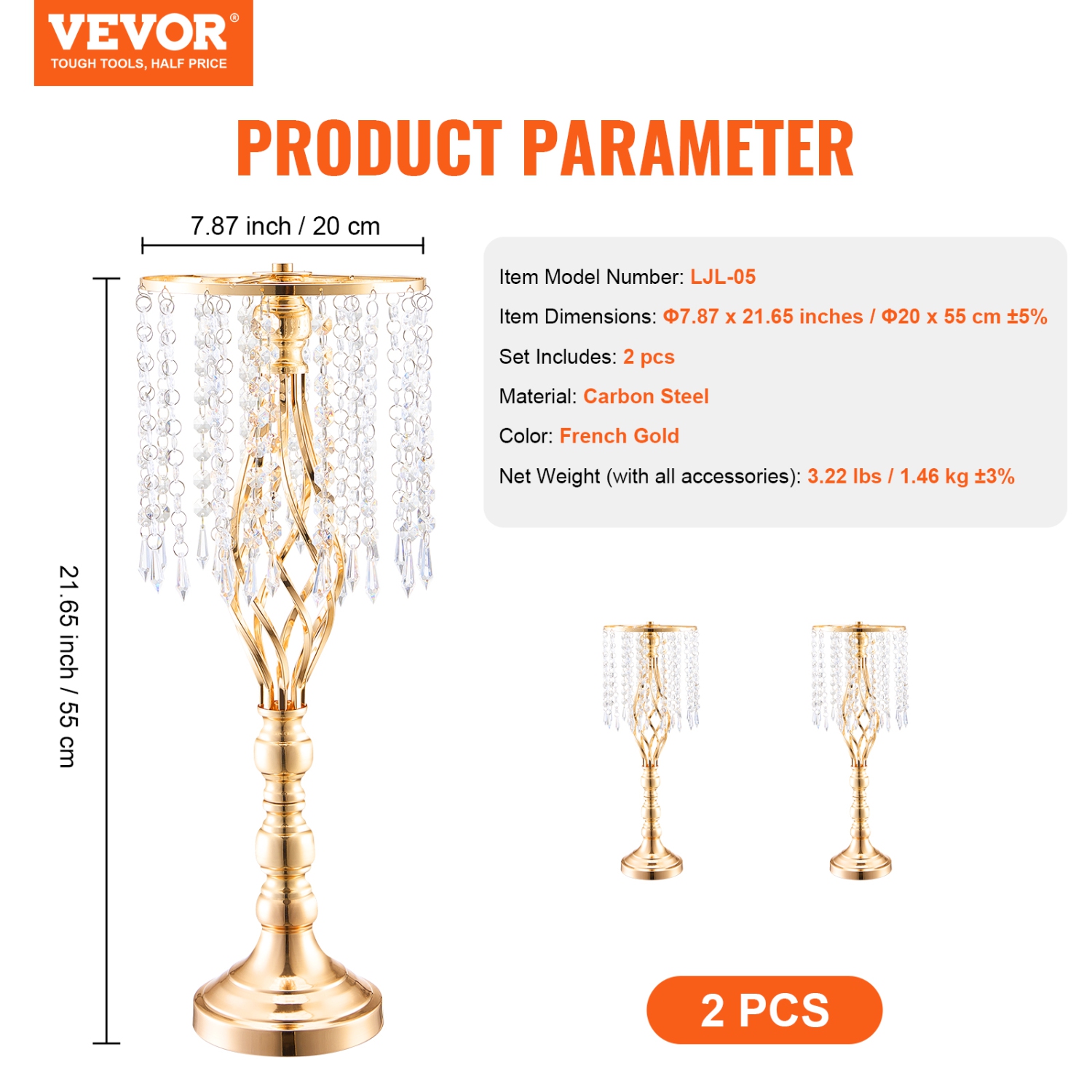 VEVOR 2PCS 55cm/21.65” Tall Crystal Wedding Flower Stand, Metal Wedding Centerpiece Vase, Gold Flower Holders Floral Display Rack for Tables Wedding