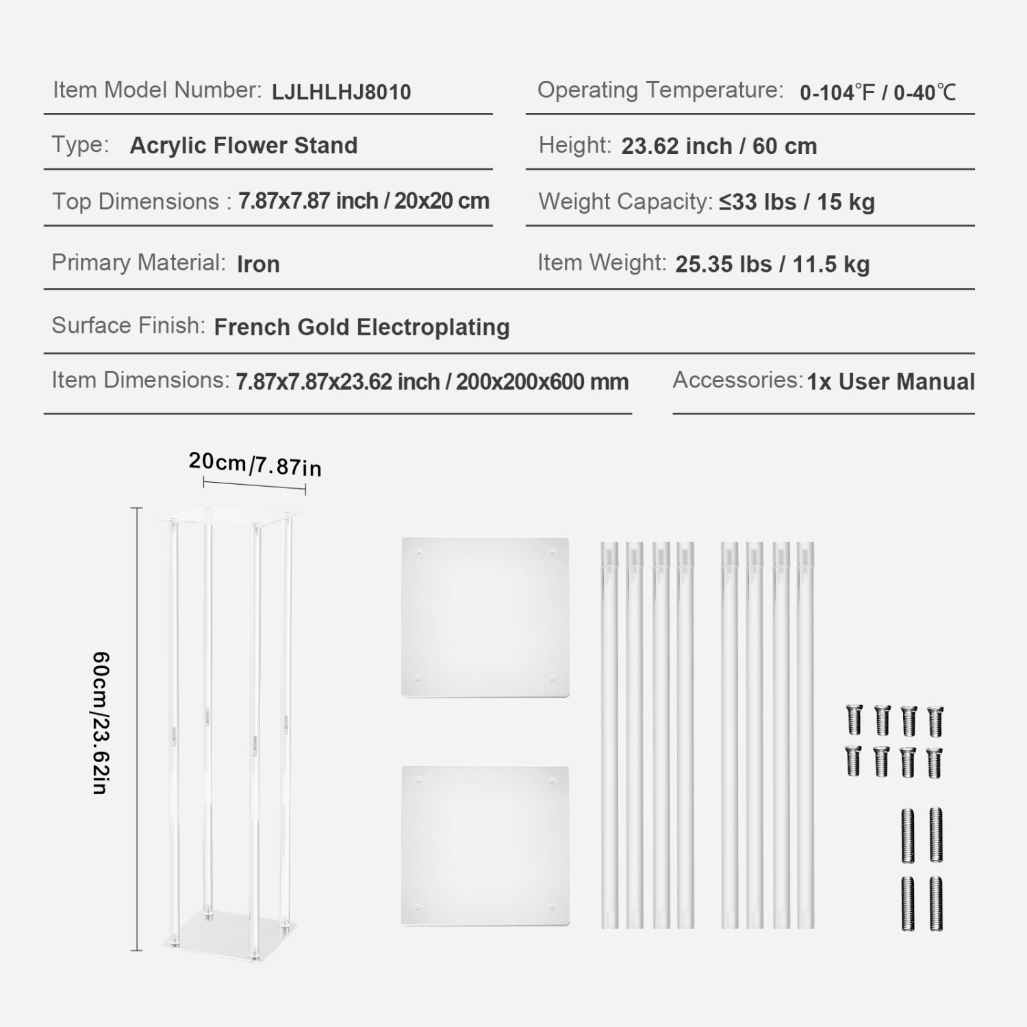 Support de fleurs de mariage haut VEVOR 10PCS 23,6&nbsp;po, avec stratifié acrylique, colonne de vase géométrique, support de table floral pour