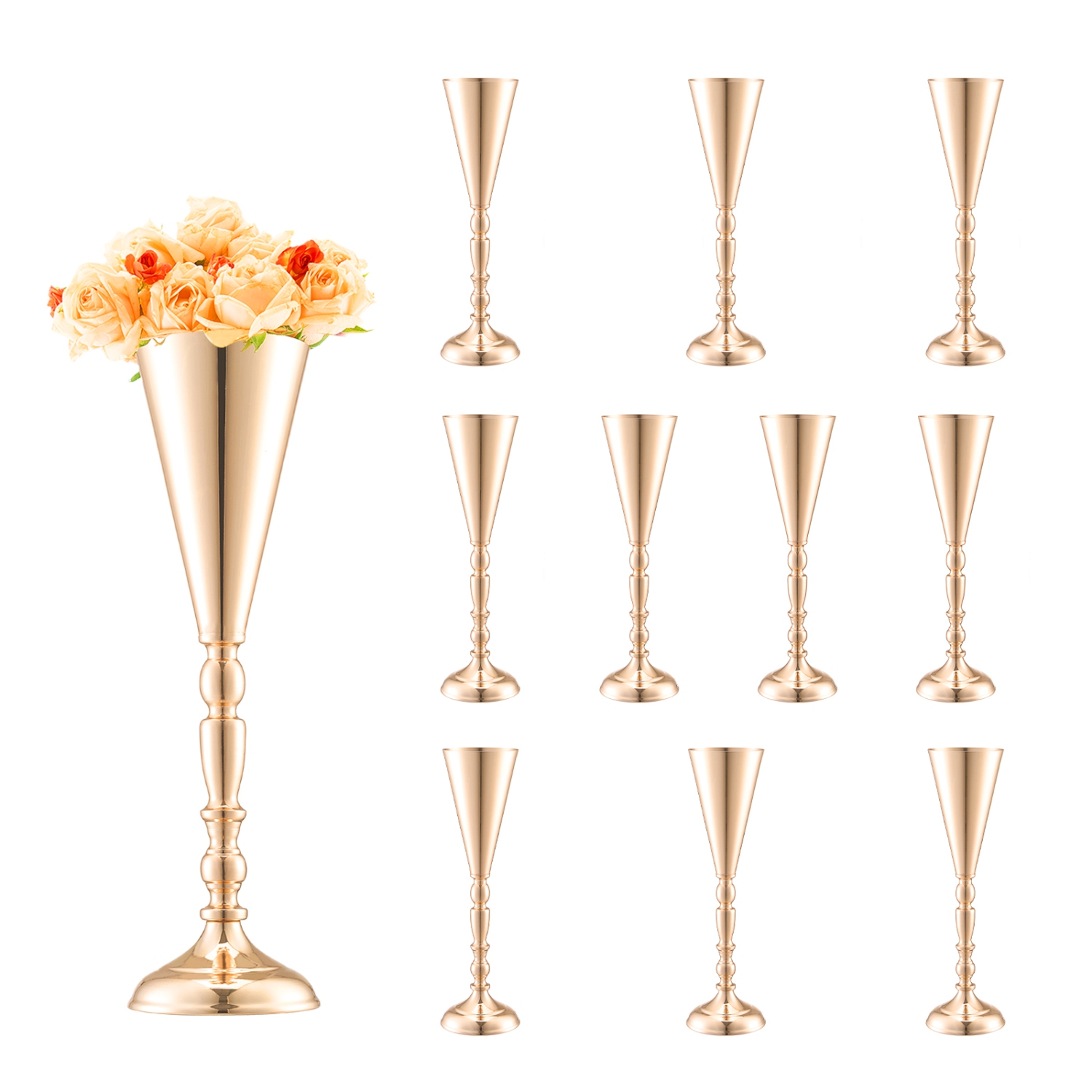 Vase de mariage 10PCS 43&nbsp;cm/16,9" de VEVOR, centre de table trompette de mariage en métal, support de présentation floral doré pour tables Party
