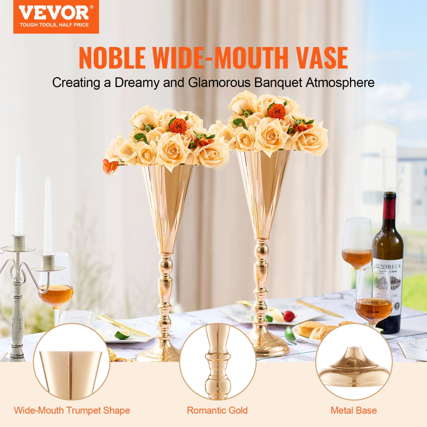 Vase de mariage 10PCS 43&nbsp;cm/16,9" de VEVOR, centre de table trompette de mariage en métal, support de présentation floral doré pour tables Party