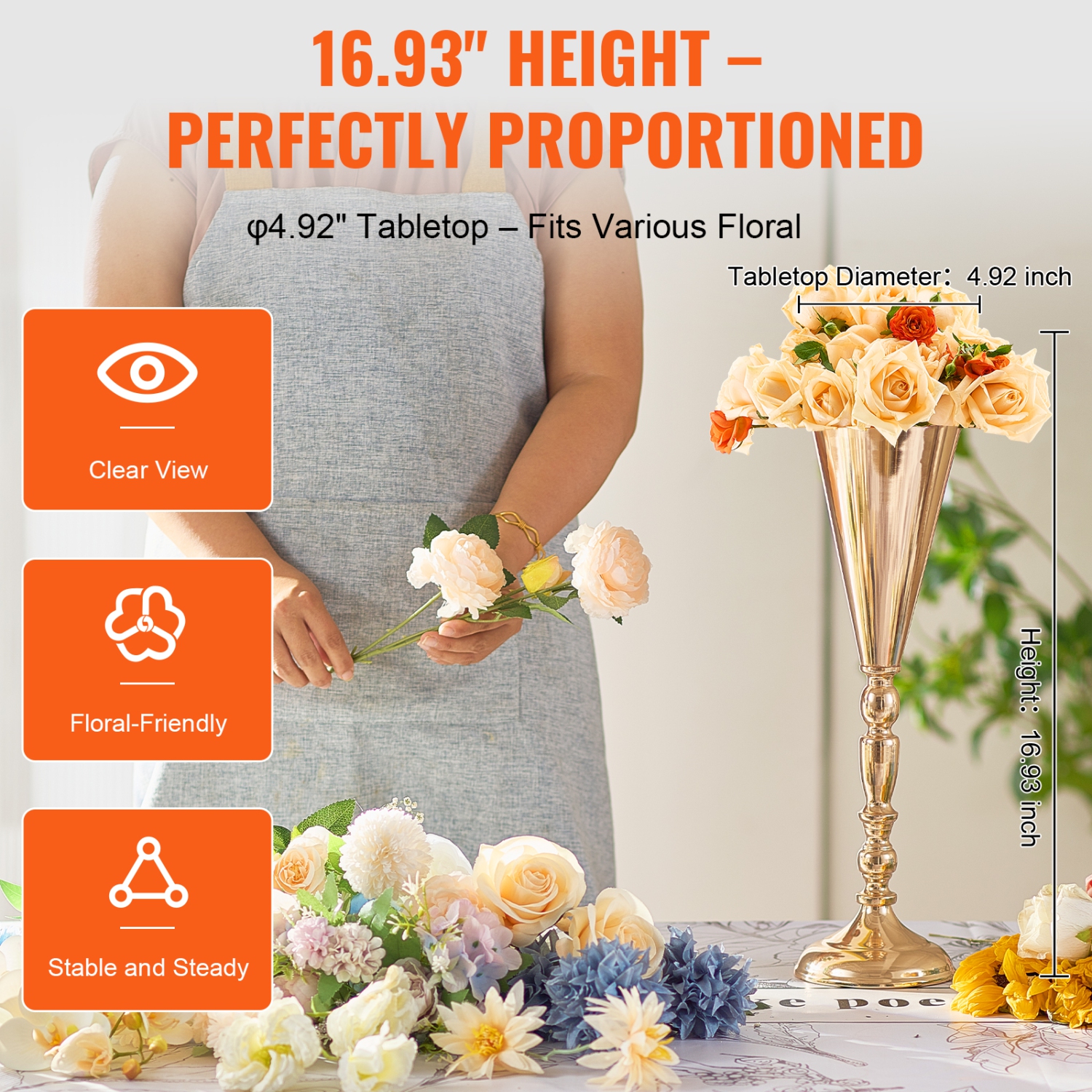 Vase de mariage 10PCS 43&nbsp;cm/16,9" de VEVOR, centre de table trompette de mariage en métal, support de présentation floral doré pour tables Party