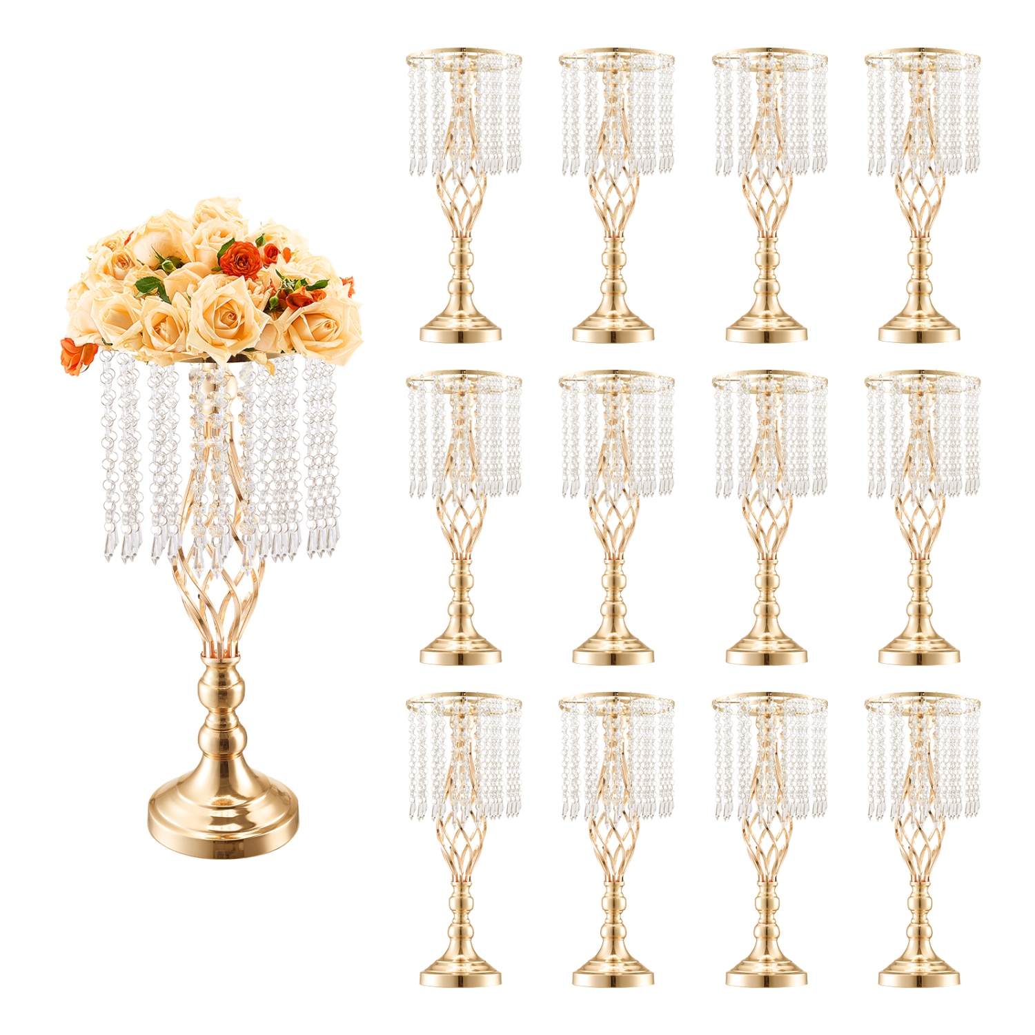 VEVOR 12PCS 49cm/19.3” Tall Crystal Wedding Flower Stand, Metal Wedding Centerpiece Vase, Gold Flower Holders Floral Display Rack for Tables Wedding