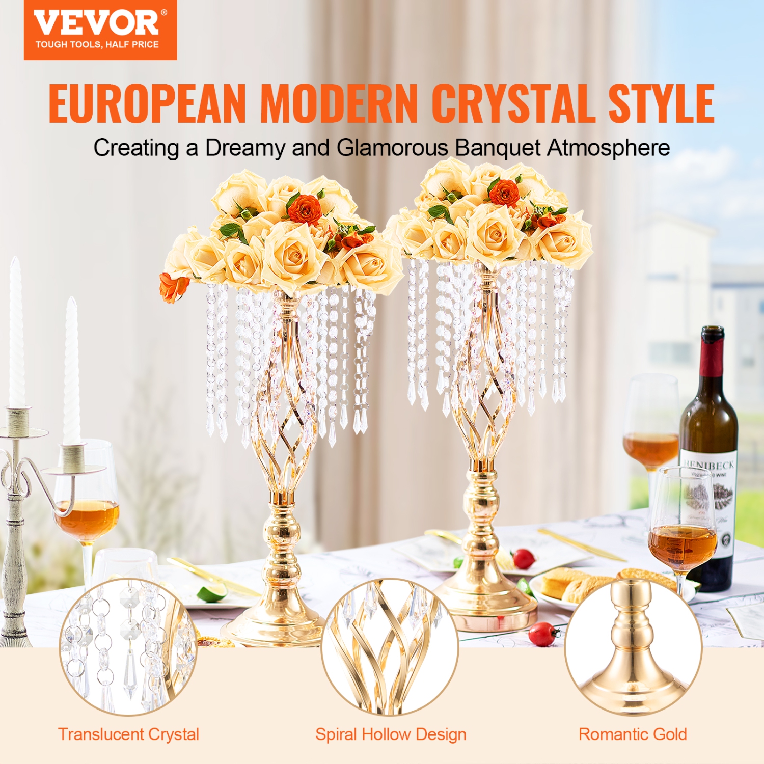VEVOR 12PCS 49cm/19.3” Tall Crystal Wedding Flower Stand, Metal Wedding Centerpiece Vase, Gold Flower Holders Floral Display Rack for Tables Wedding