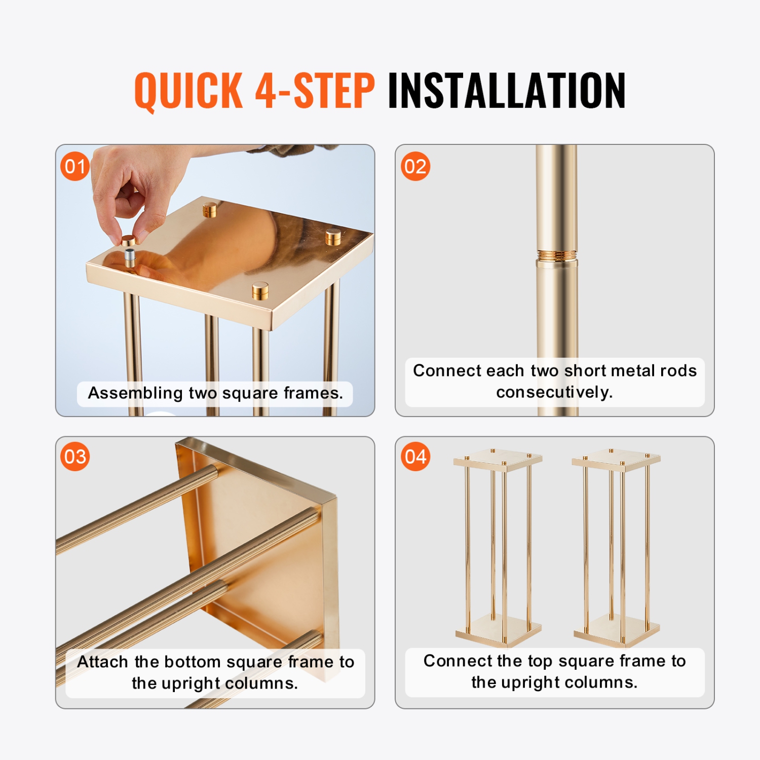 Colonne de fleurs en métal doré VEVOR 4PCS, enceinte 23,6&nbsp;po haute avec placage en métal, support de table géométrique pour vase, présentoir