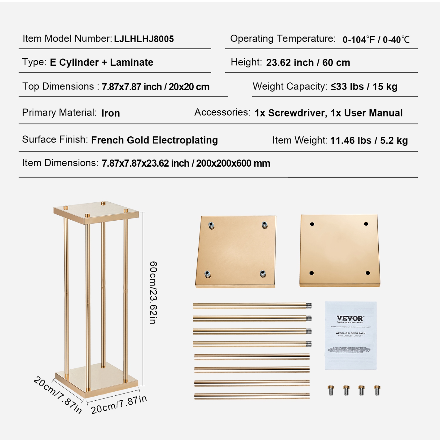 Colonne de fleurs en métal doré VEVOR 4PCS, enceinte 23,6&nbsp;po haute avec placage en métal, support de table géométrique pour vase, présentoir