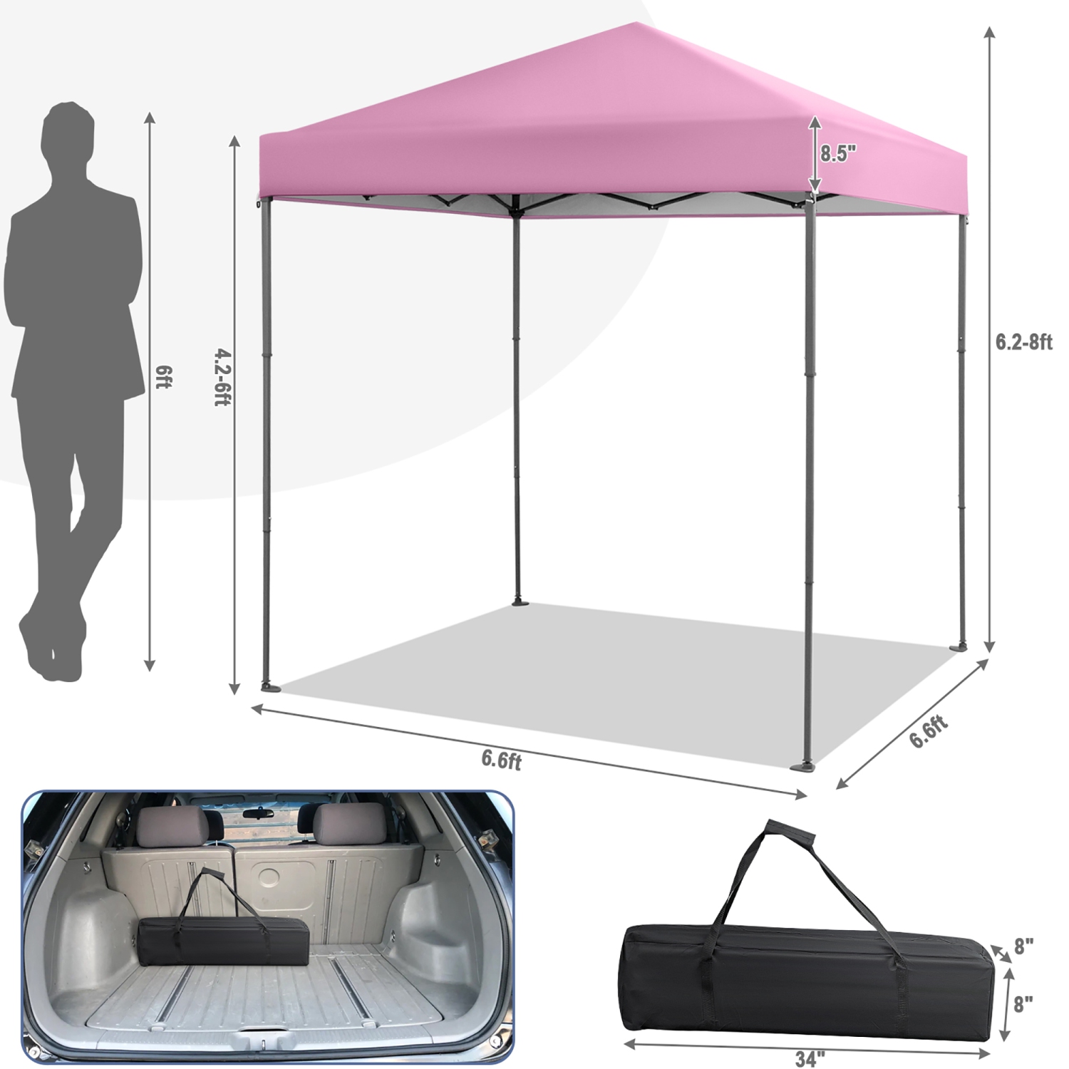 Gymax 6.6x6.6 FT Folding Pop-up Canopy w/ 6.2-8 Height Adjustment Outdoor Pink