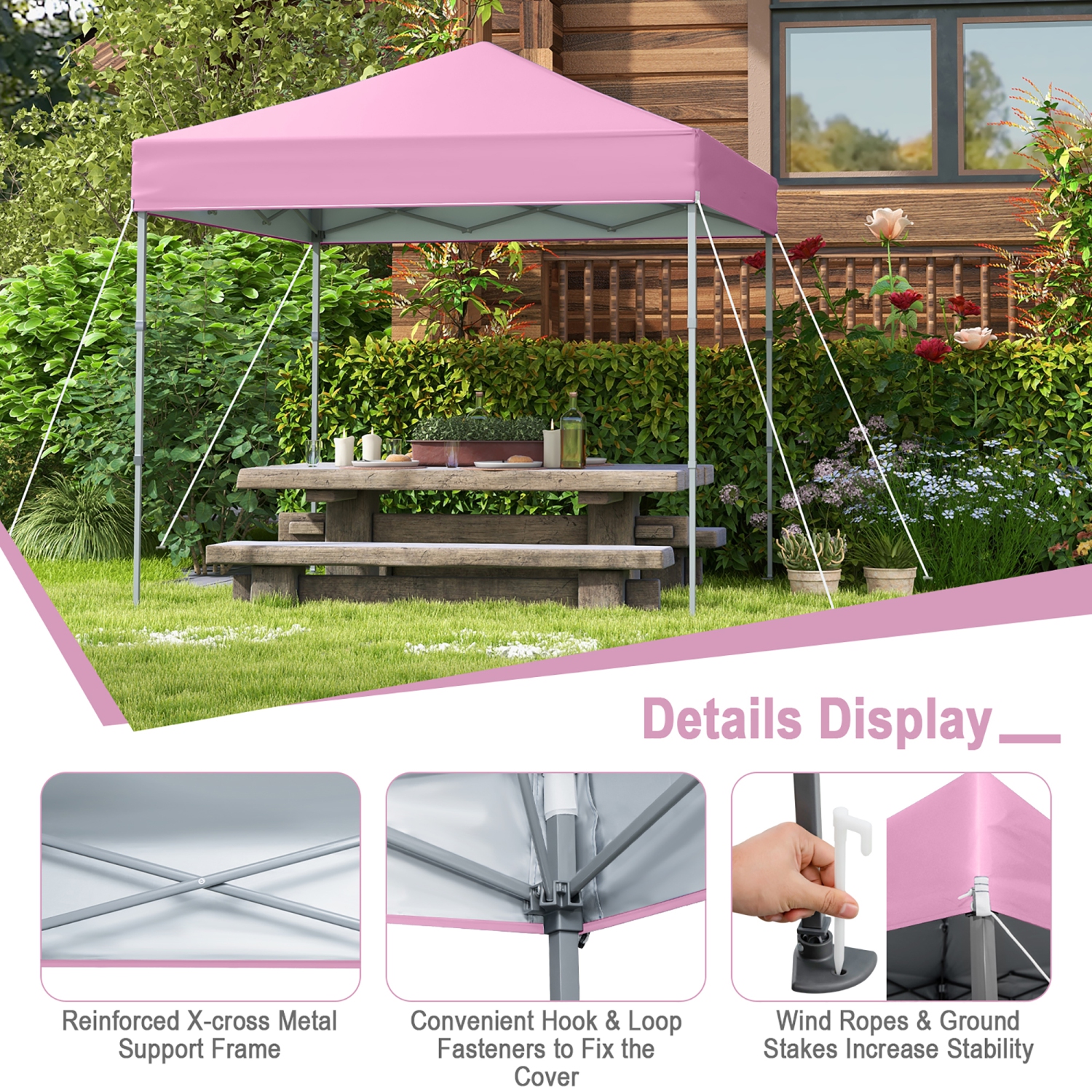 Gymax 6.6x6.6 FT Folding Pop-up Canopy w/ 6.2-8 Height Adjustment Outdoor Pink
