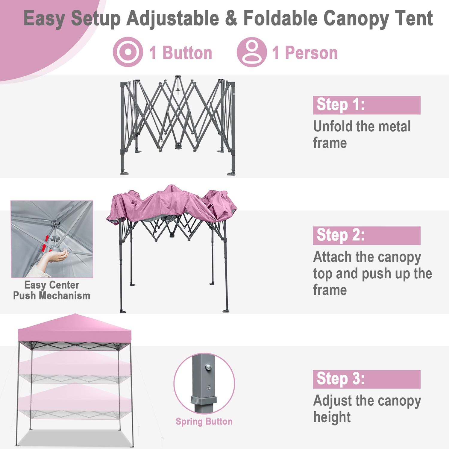 Gymax 6.6x6.6 FT Folding Pop-up Canopy w/ 6.2-8 Height Adjustment Outdoor Pink