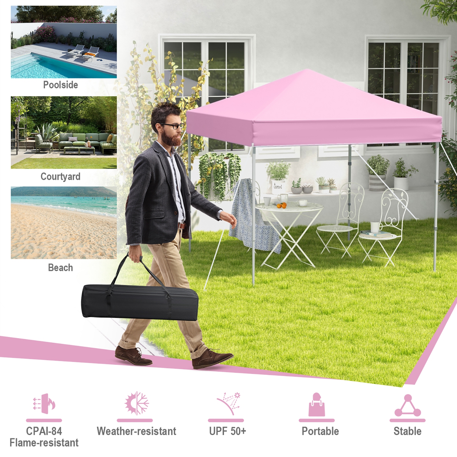 Gymax 6.6x6.6 FT Folding Pop-up Canopy w/ 6.2-8 Height Adjustment Outdoor Pink