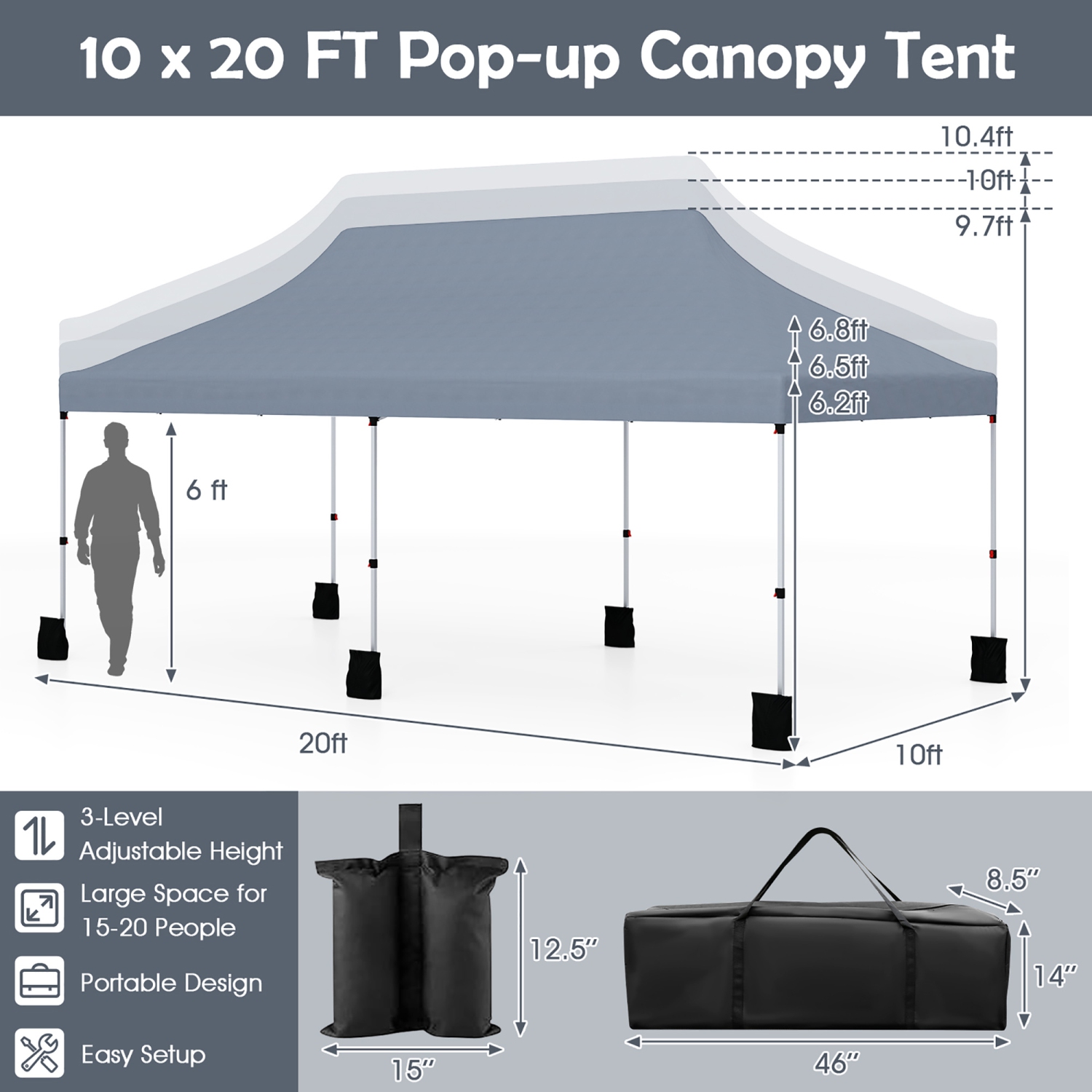 Gymax 10 x 20FT Pop-up Canopy Tent Folding Instant Sun Shelter w/ 3 Adjustable Heights