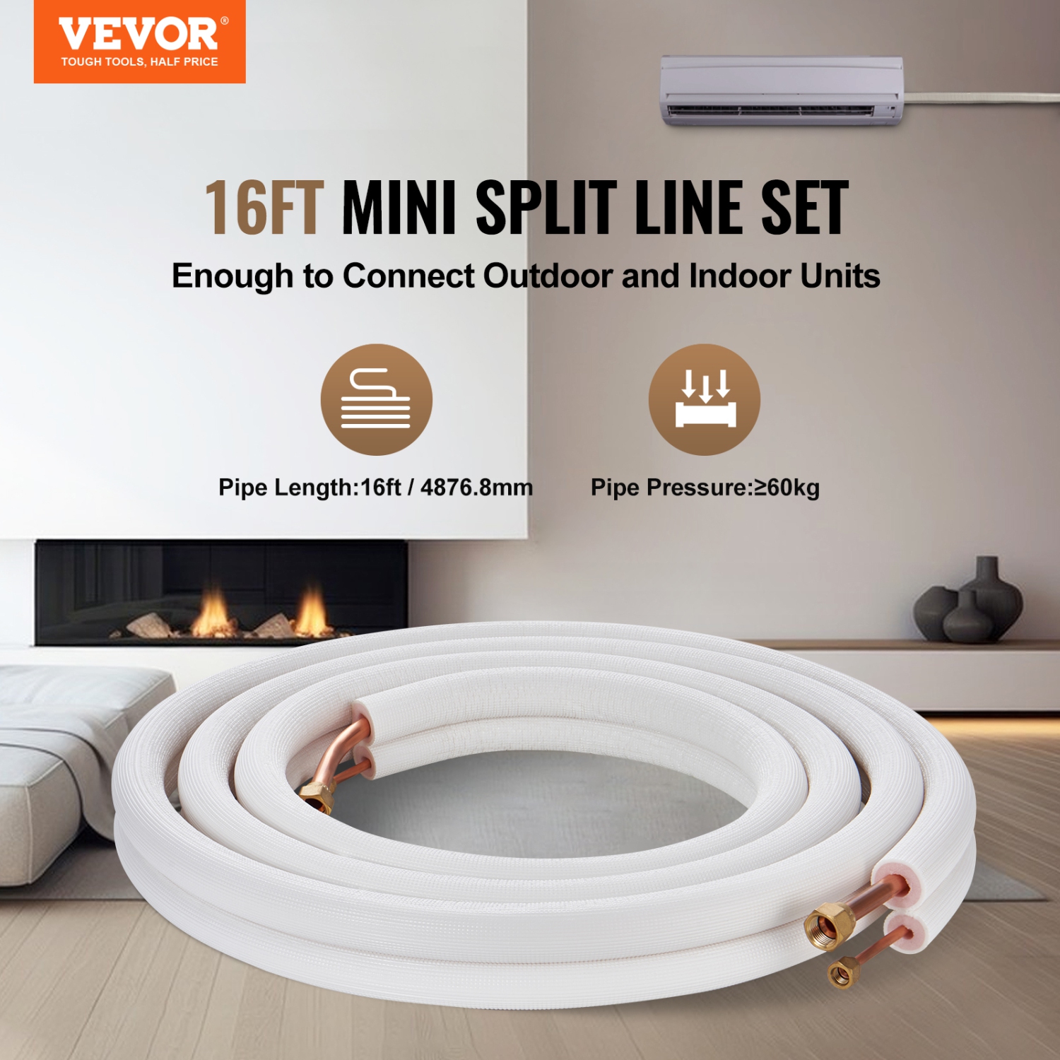 VEVOR 16FT Mini Split Line Set, 1/4" & 1/2" O.D Copper Pipes Tubing and Triple-Layer Insulation, for Air Conditioning or Heating Pump Equipment & HVAC