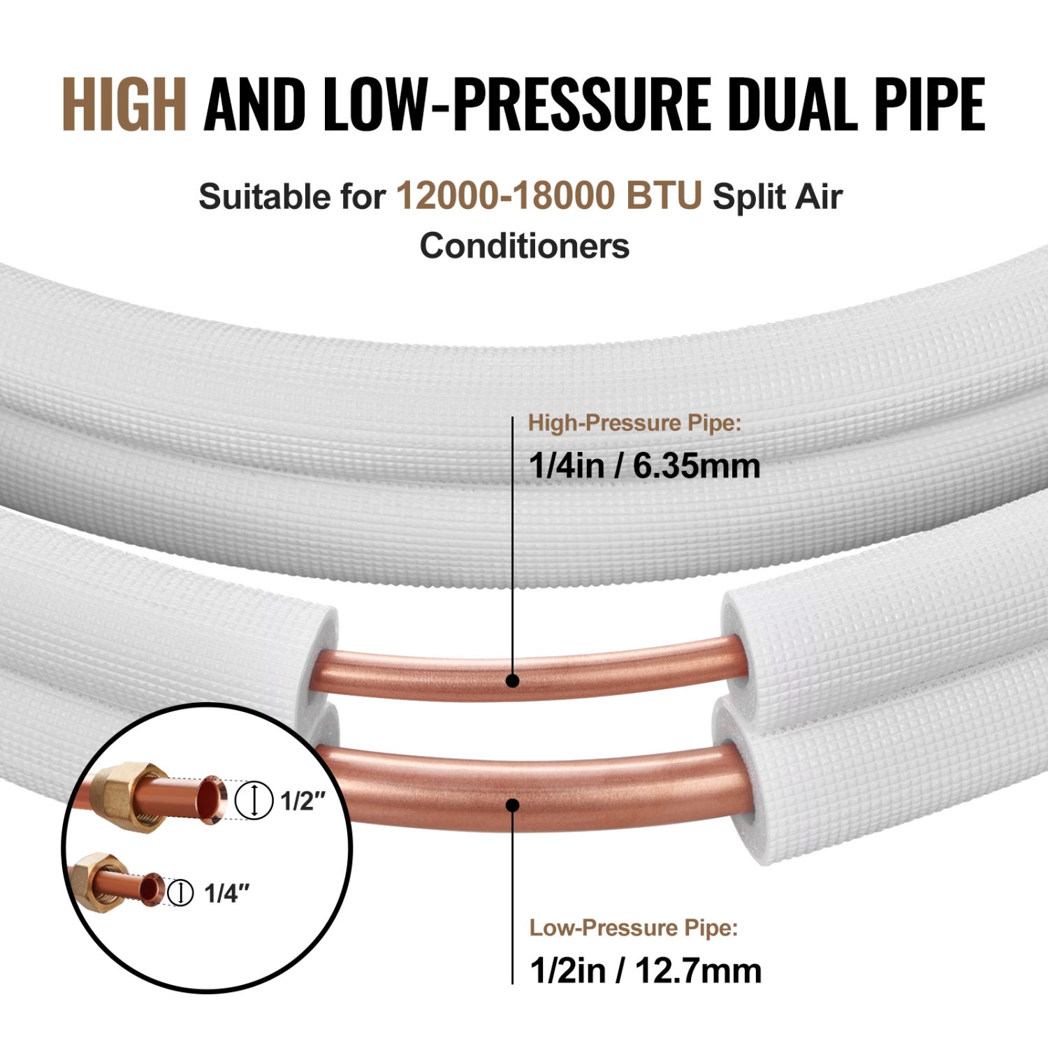 VEVOR 16FT Mini Split Line Set, 1/4" & 1/2" O.D Copper Pipes Tubing and Triple-Layer Insulation, for Air Conditioning or Heating Pump Equipment & HVAC