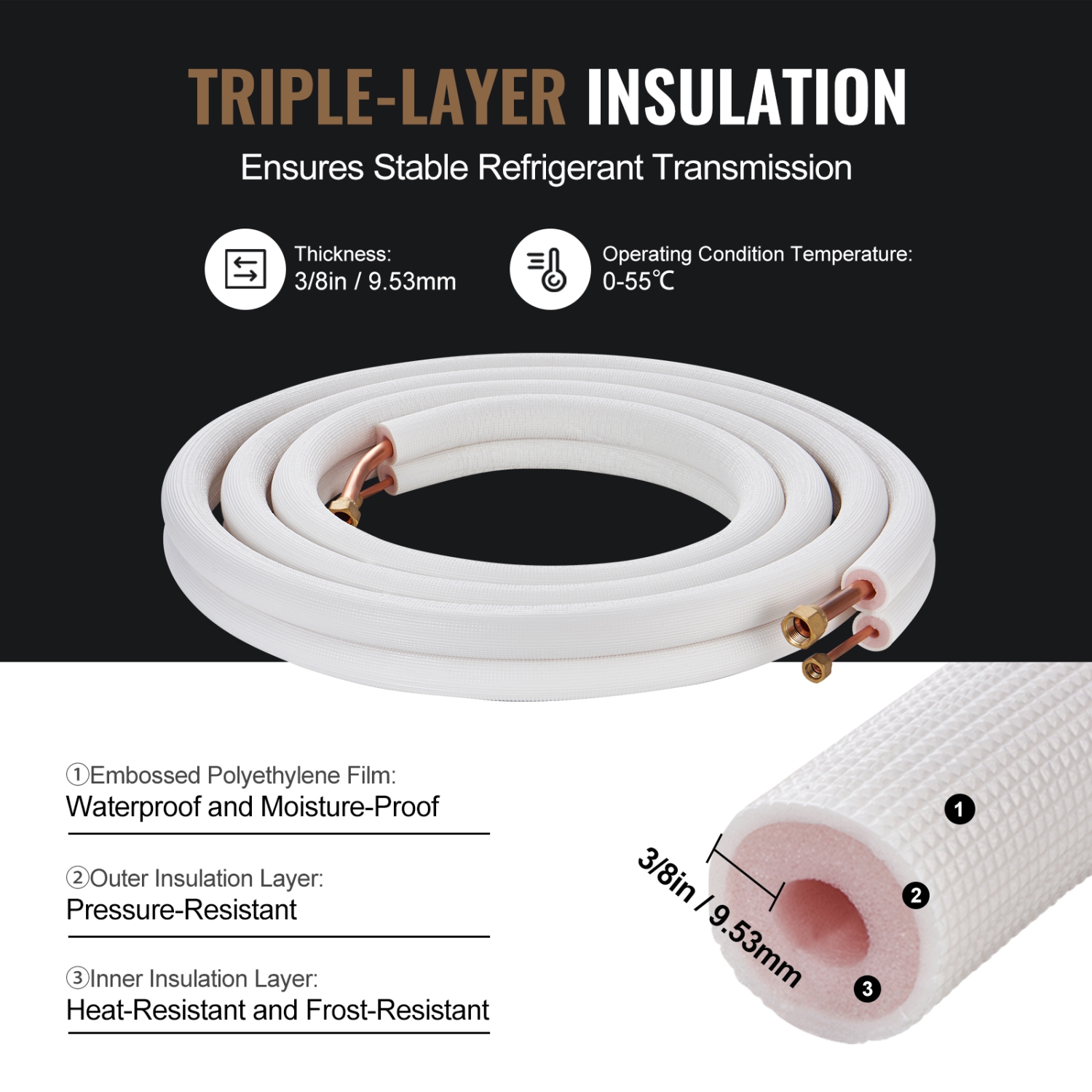 VEVOR 16FT Mini Split Line Set, 1/4" & 1/2" O.D Copper Pipes Tubing and Triple-Layer Insulation, for Air Conditioning or Heating Pump Equipment & HVAC