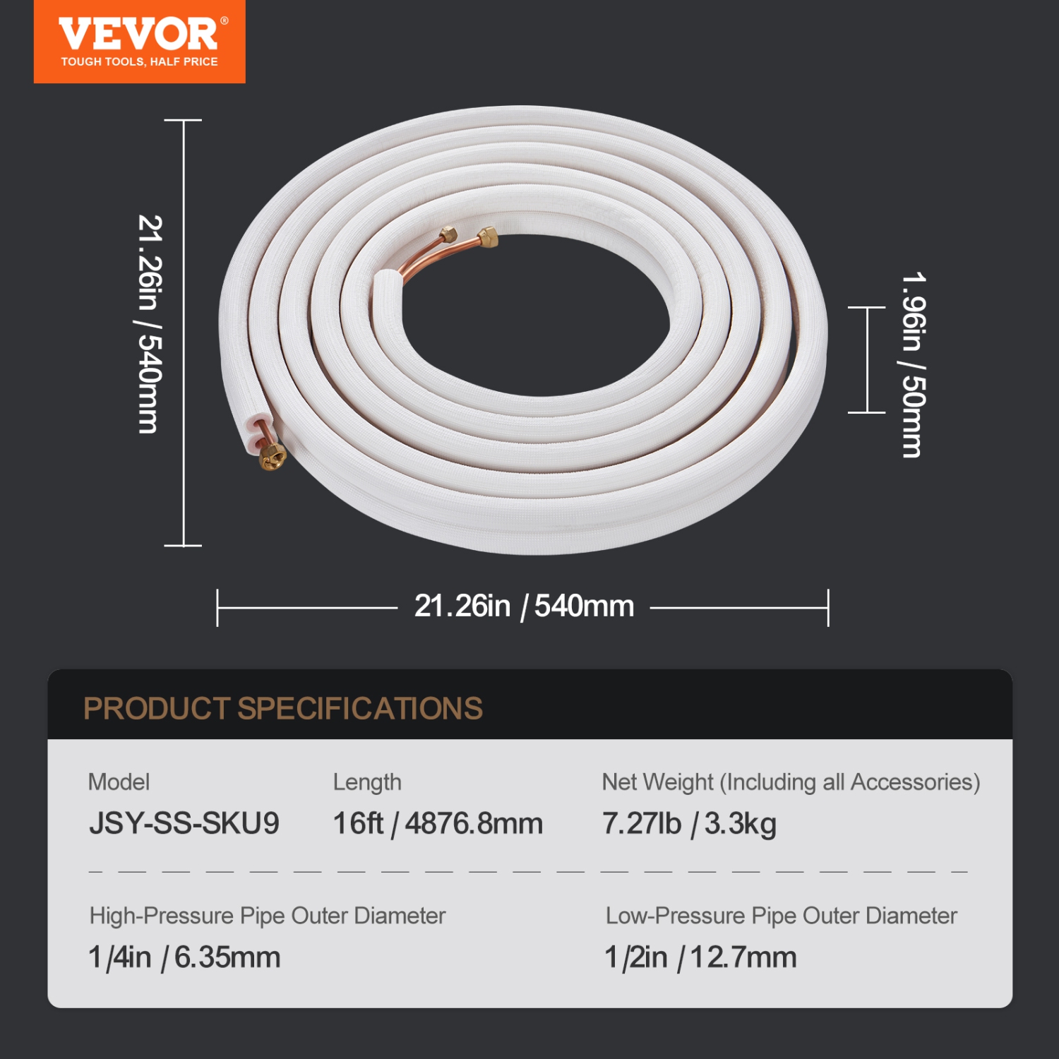 VEVOR 16FT Mini Split Line Set, 1/4" & 1/2" O.D Copper Pipes Tubing and Triple-Layer Insulation, for Air Conditioning or Heating Pump Equipment & HVAC