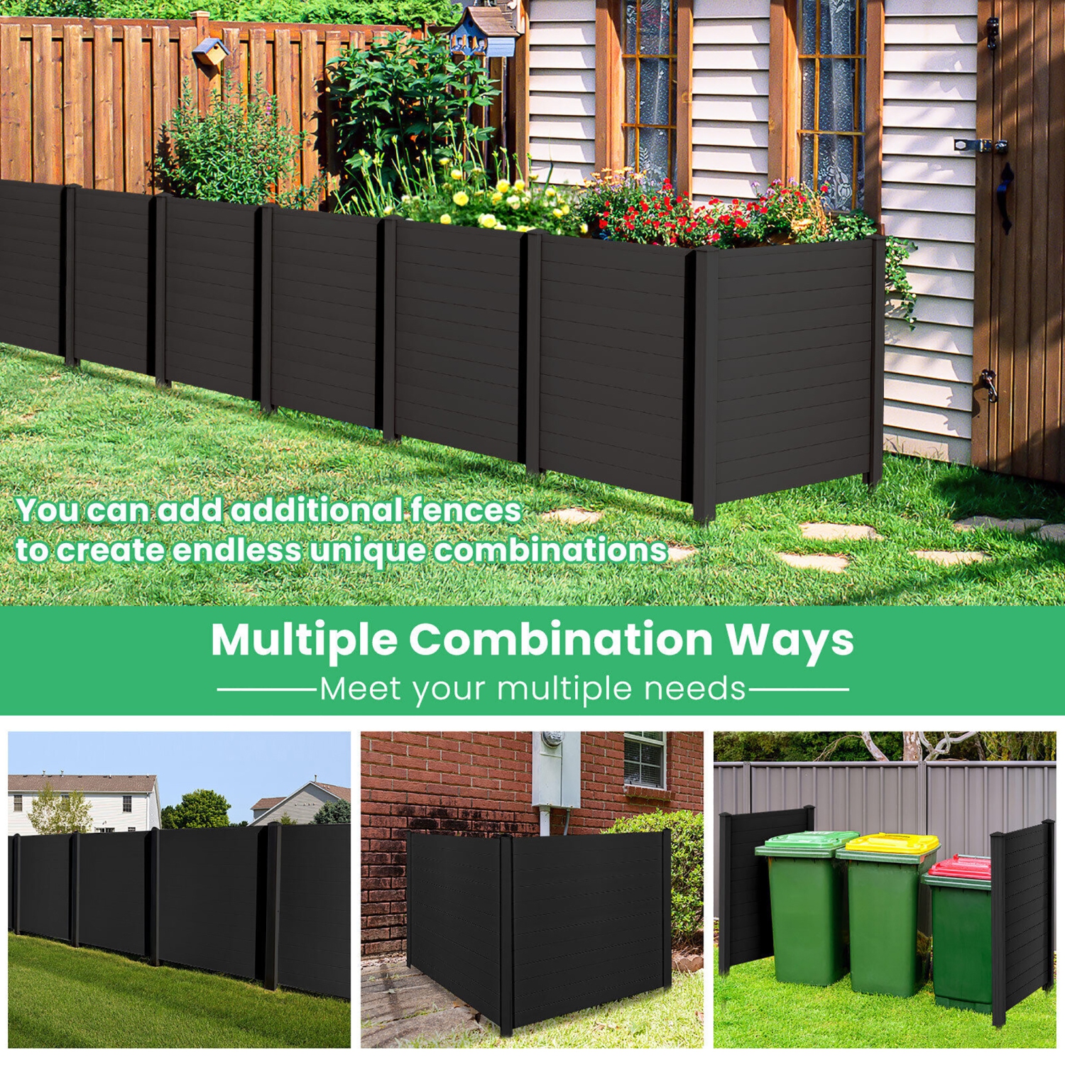Gymax 2 PCS Outdoor PVC Privacy Panels 2-Pack Picket Fence W/ 3 Cuspidal Foot Stakes
