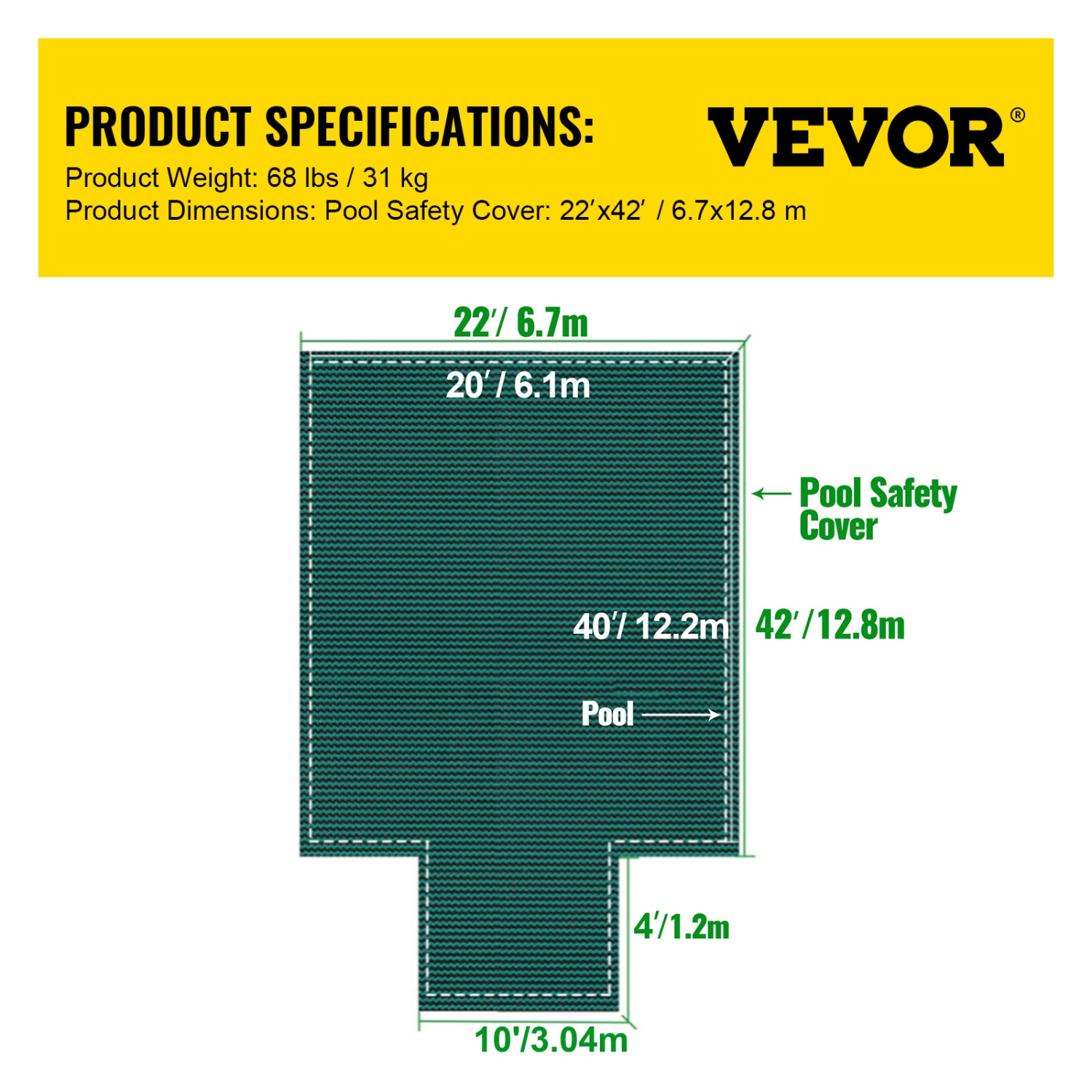 VEVOR 20x40ft Pool Safety Cover Fits Rectangle Inground Pools, Safety Pool Cover with 4x10ft Center End Step, Mesh Solid Pool Cover with Drainage