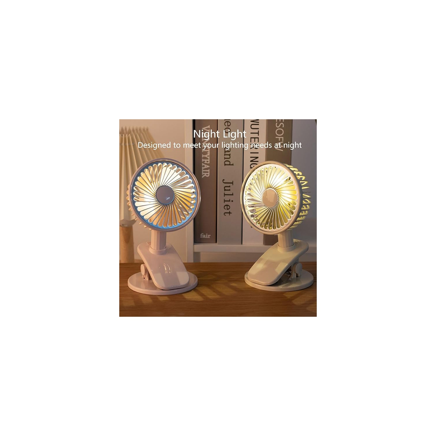 YOULIGHTS Ultra Quiet Small Fan with Sturdy Clamp and Night Light, Portable Table Fan, 3-Speed Powerful Airflow for Office Desktop Travel(White)