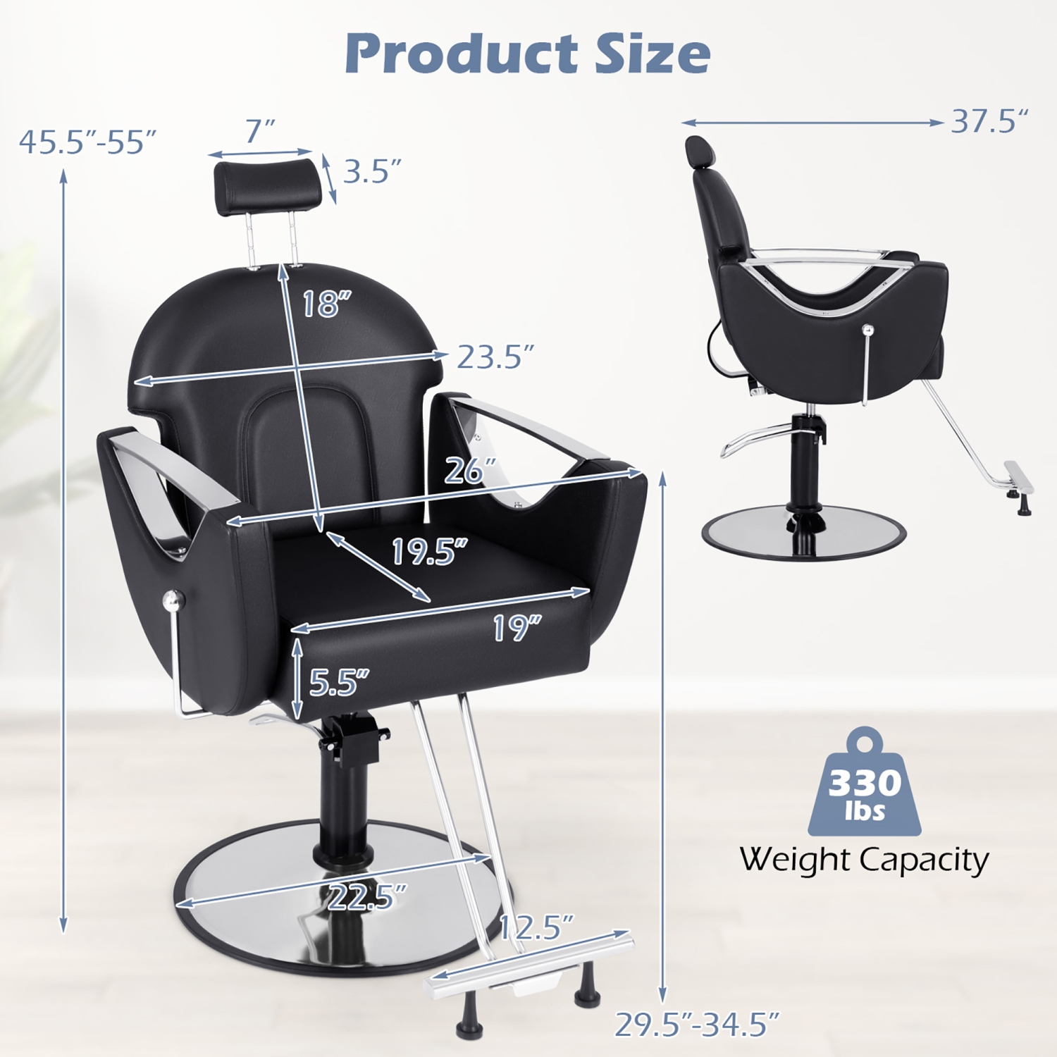Gymax Barber Chair Reclining Salon Chair for Hair Stylist w/ Adjustable Height Headrest Black