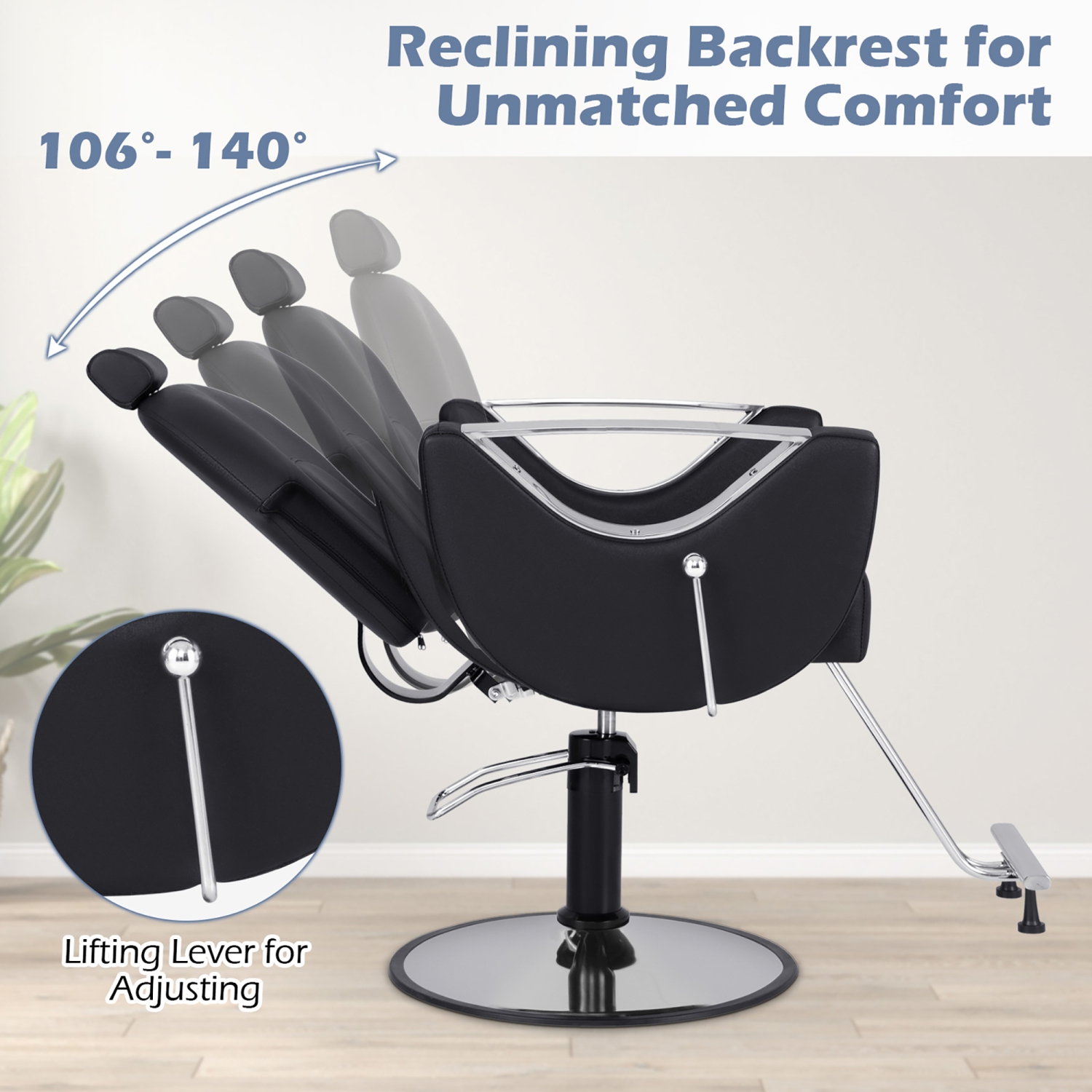 Gymax Barber Chair Reclining Salon Chair for Hair Stylist w/ Adjustable Height Headrest Black