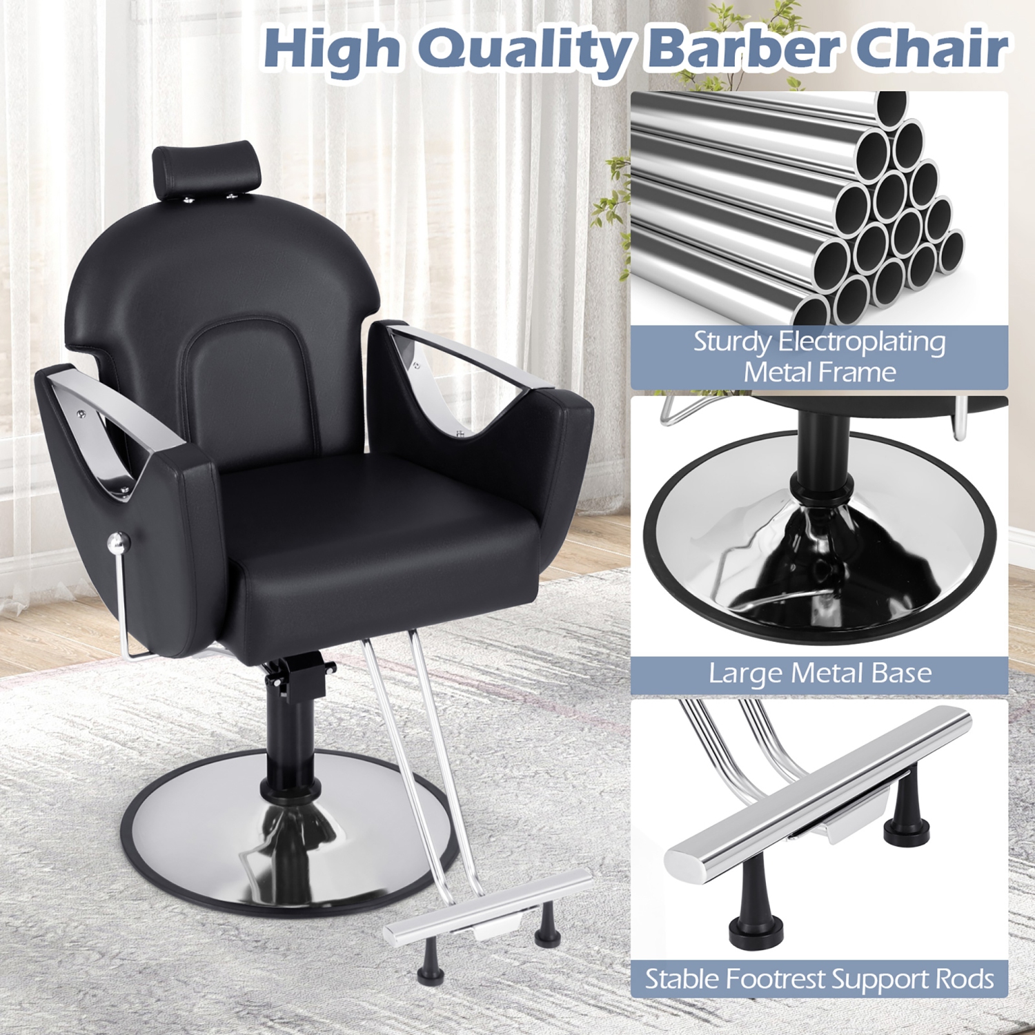 Gymax Barber Chair Reclining Salon Chair for Hair Stylist w/ Adjustable Height Headrest Black