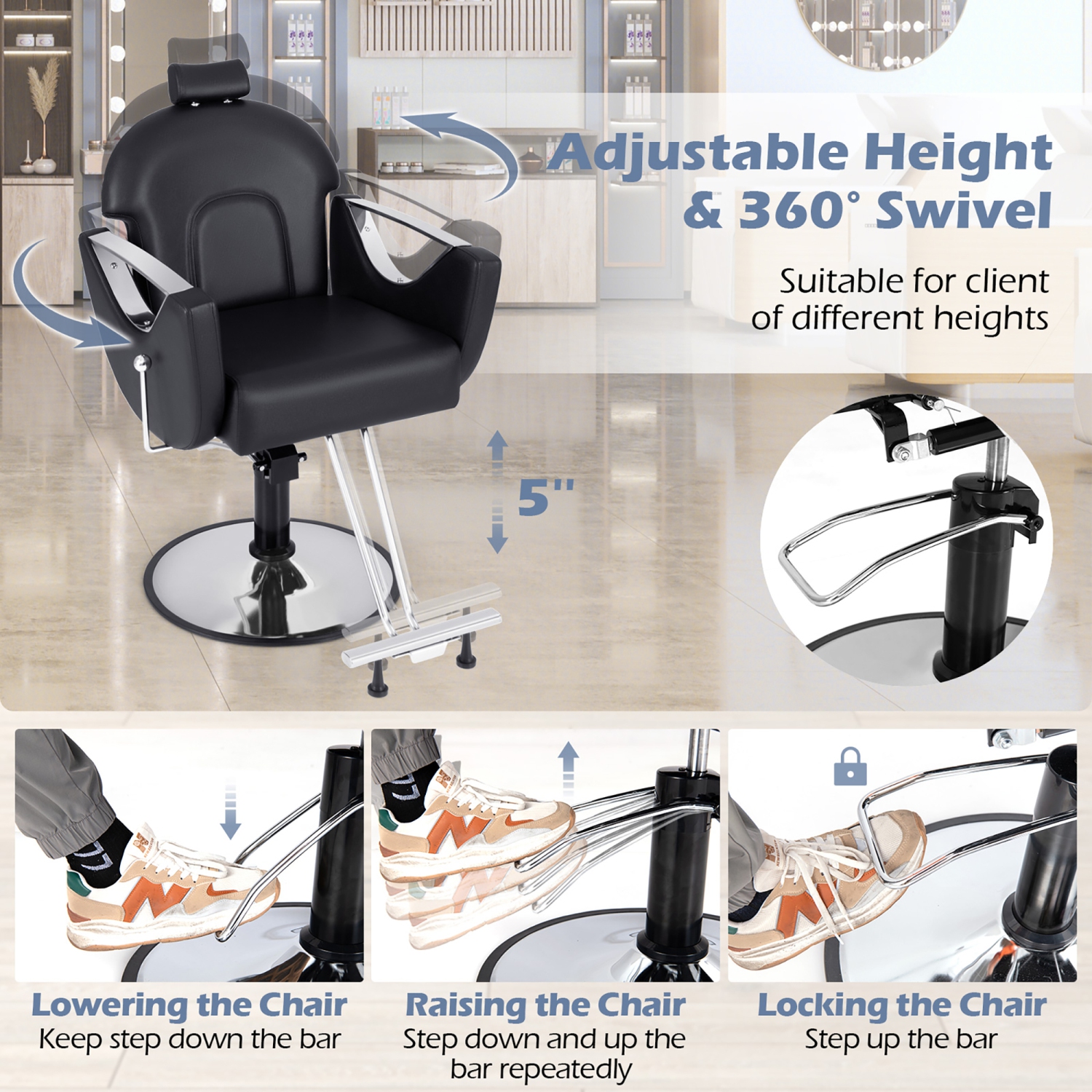 Gymax Barber Chair Reclining Salon Chair for Hair Stylist w/ Adjustable Height Headrest Black