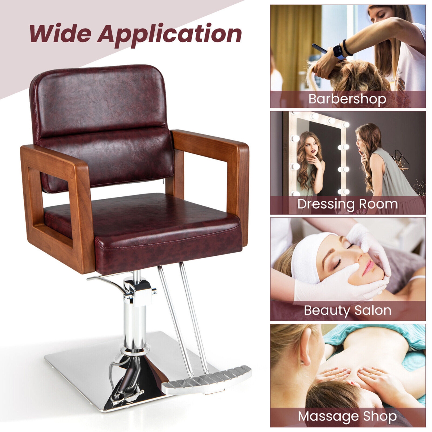 Gymax Adjustable Salon Chair Hydraulic Barber Solid Wood Armchair with 360° Rotation