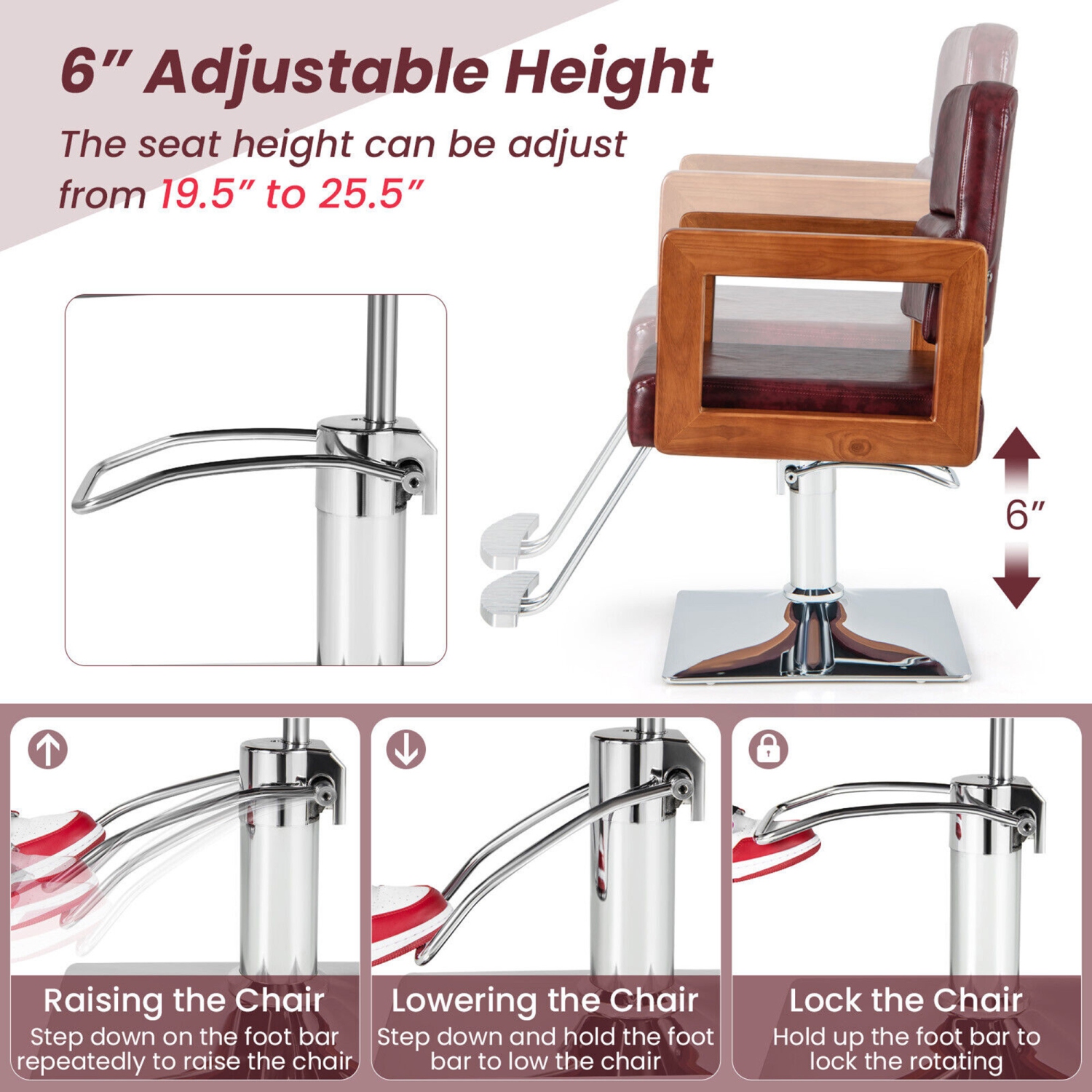 Gymax Adjustable Salon Chair Hydraulic Barber Solid Wood Armchair with 360° Rotation