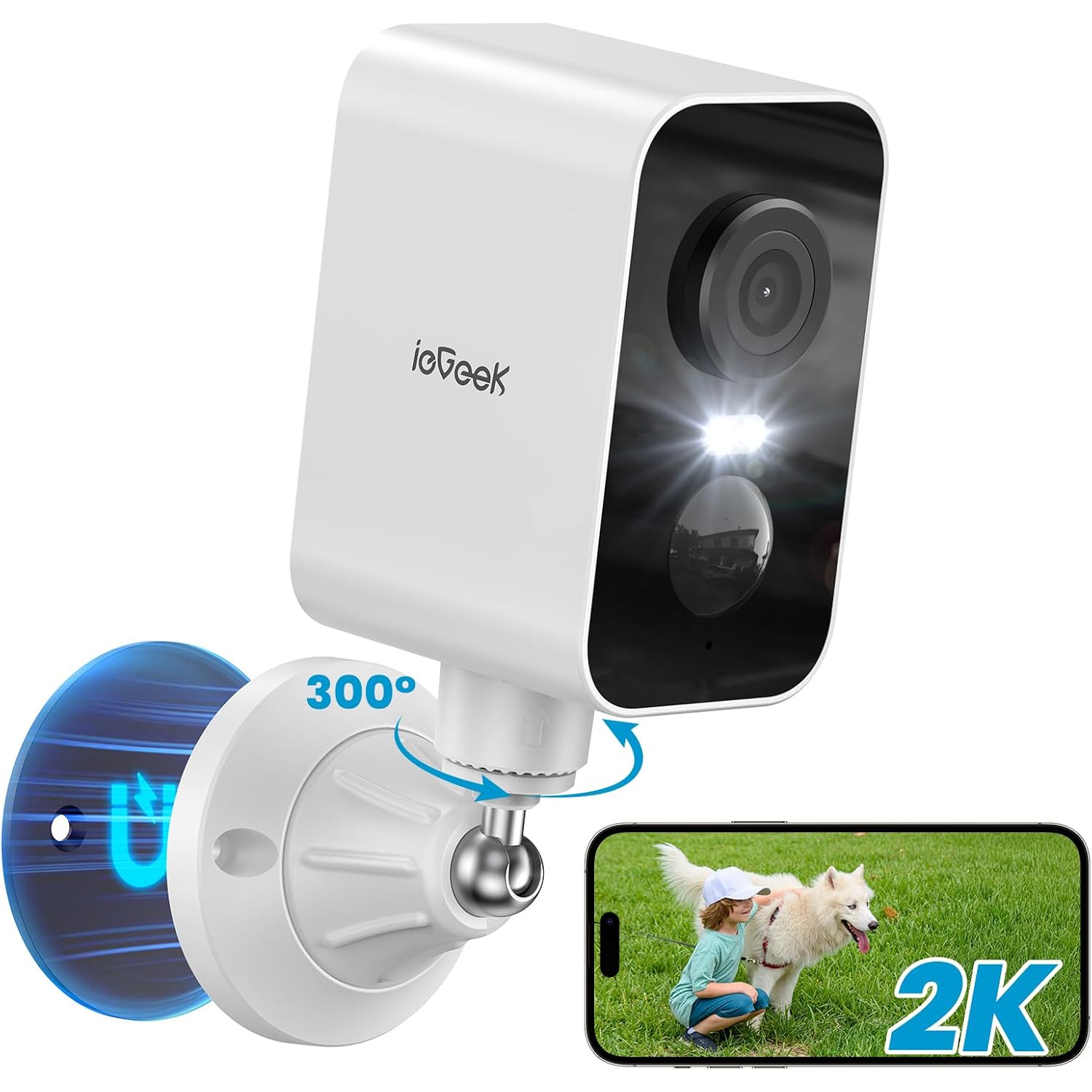 Caméras de sécurité sans fil extérieures ou intérieures avec support magnétique d'ieGeek, détection de mouvement, Alexa, vision nocturne couleur 2K,