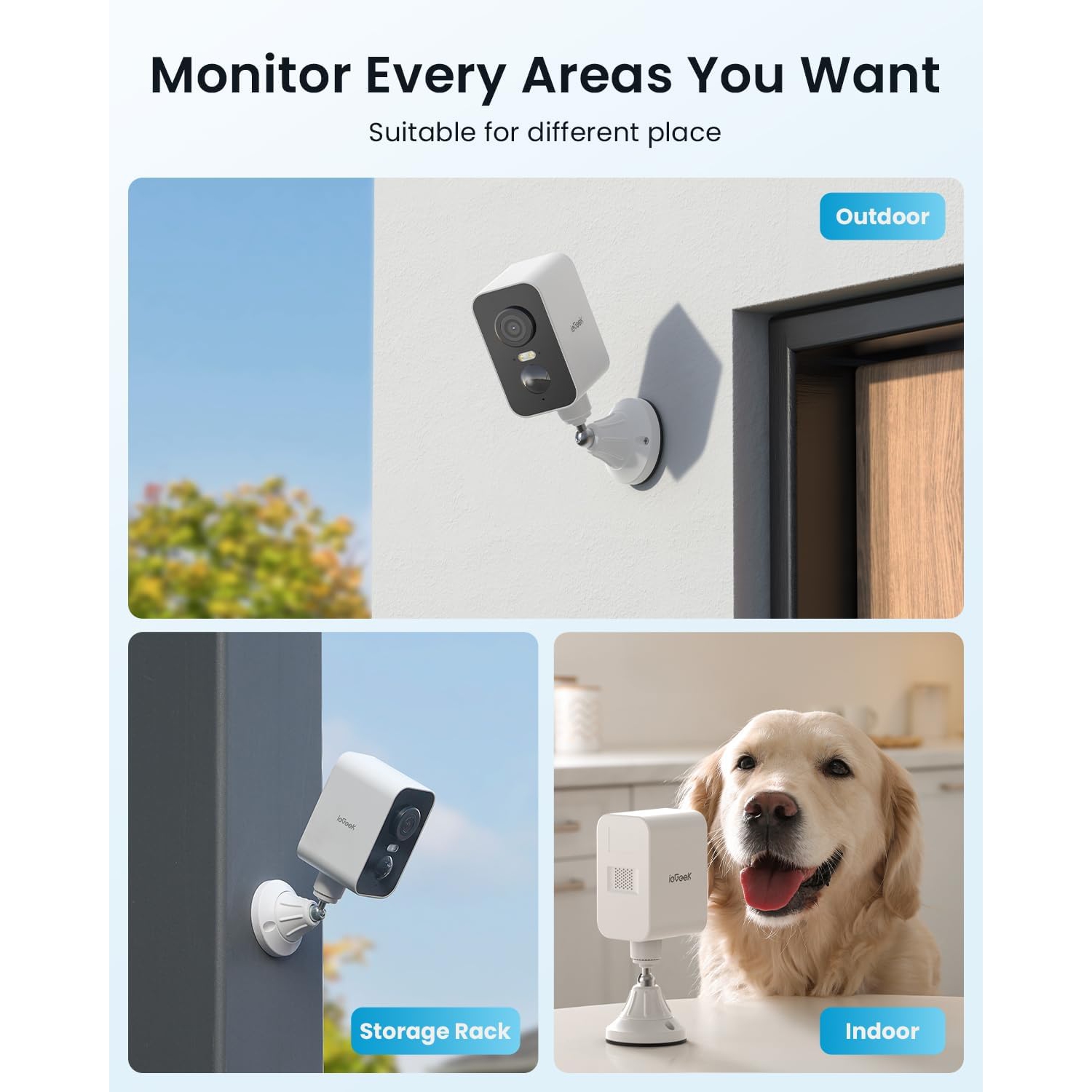 Caméras de sécurité sans fil extérieures ou intérieures avec support magnétique d'ieGeek, détection de mouvement, Alexa, vision nocturne couleur 2K,