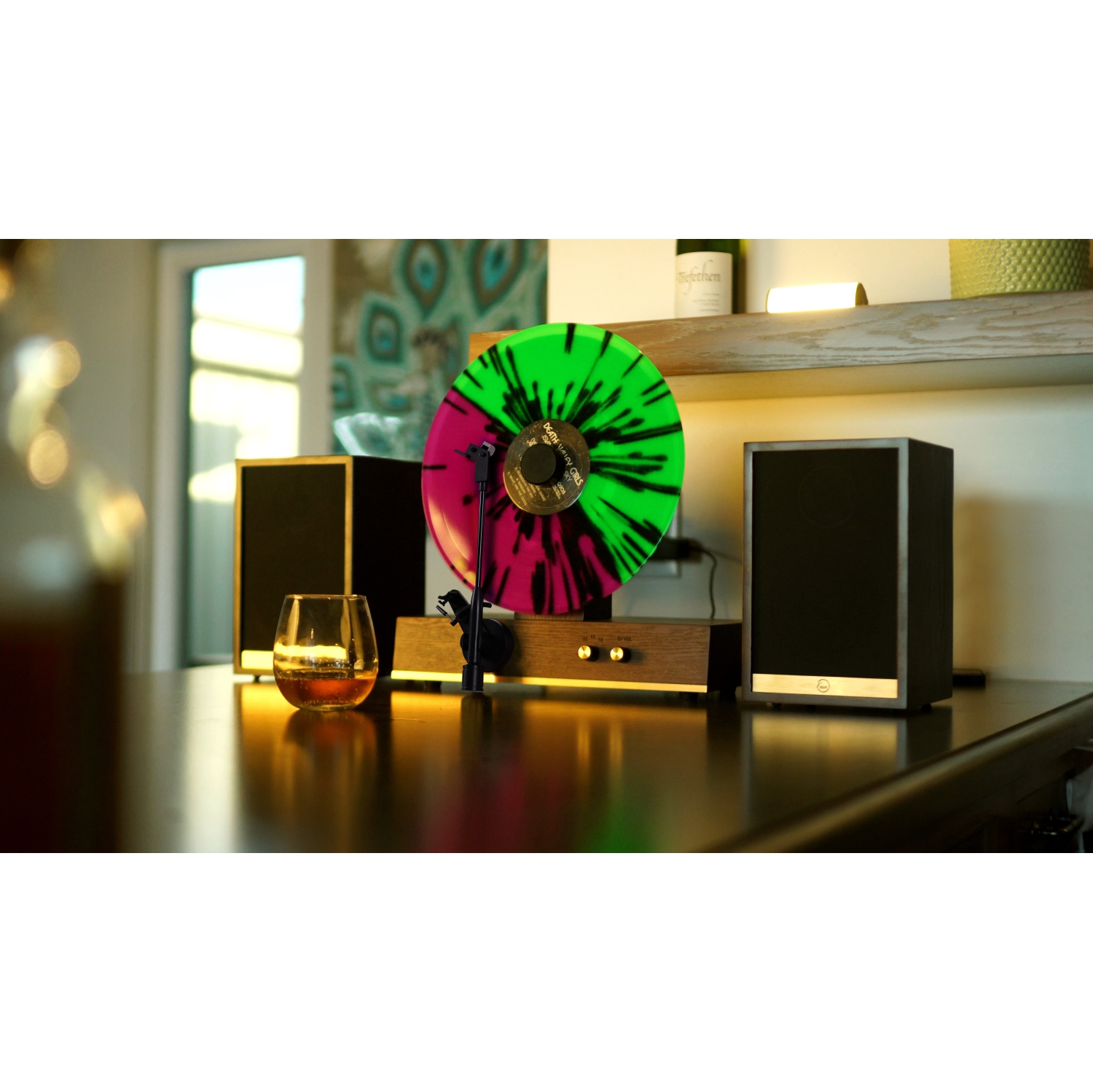 Fuse GLD Vertical Vinyl Record Player with Gold Trim, External Speakers, Audio Technica Needle, and Bluetooth In/Out