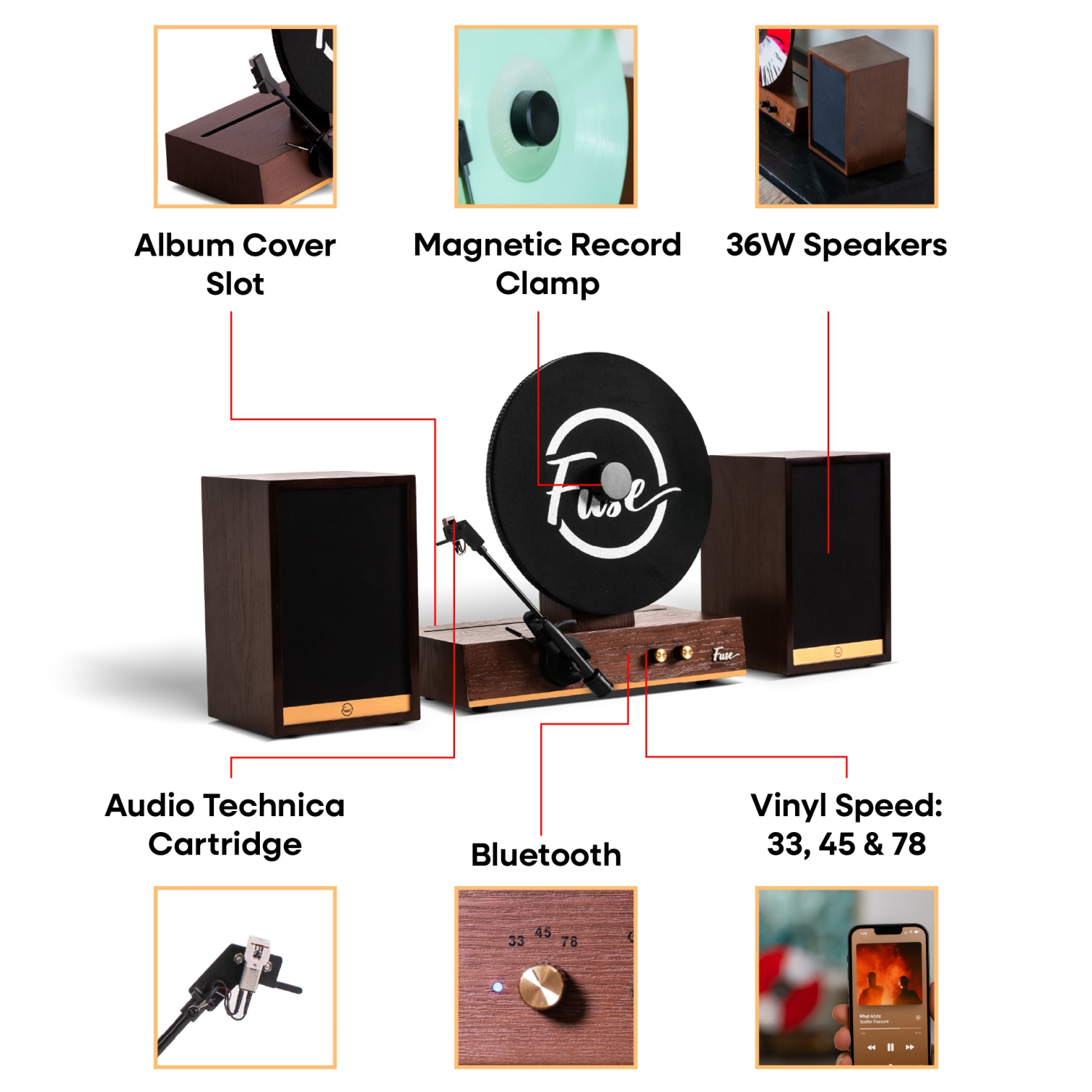 Fuse GLD Vertical Vinyl Record Player with Gold Trim, External Speakers, Audio Technica Needle, and Bluetooth In/Out