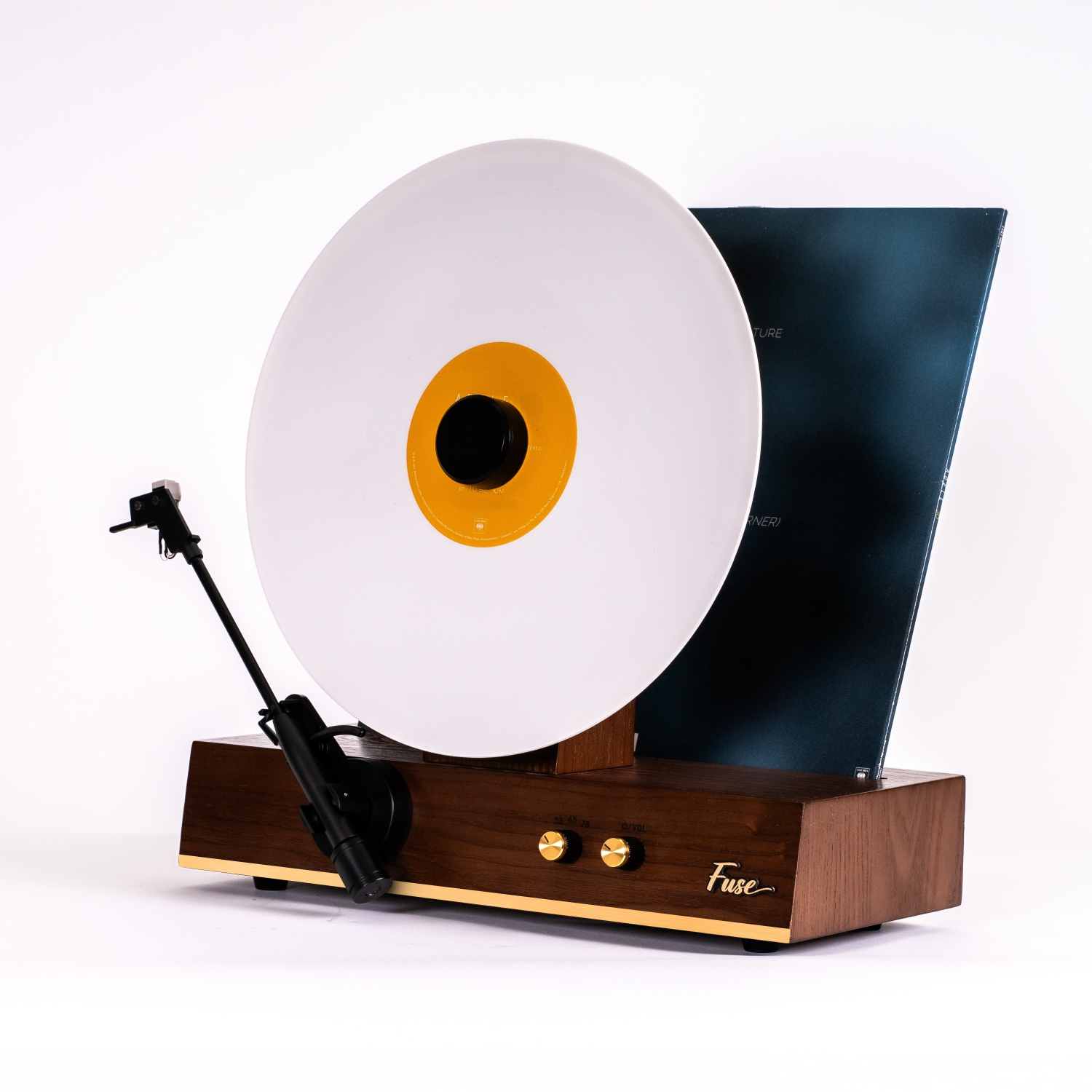 Fuse GLD Vertical Vinyl Record Player with Gold Trim, External Speakers, Audio Technica Needle, and Bluetooth In/Out