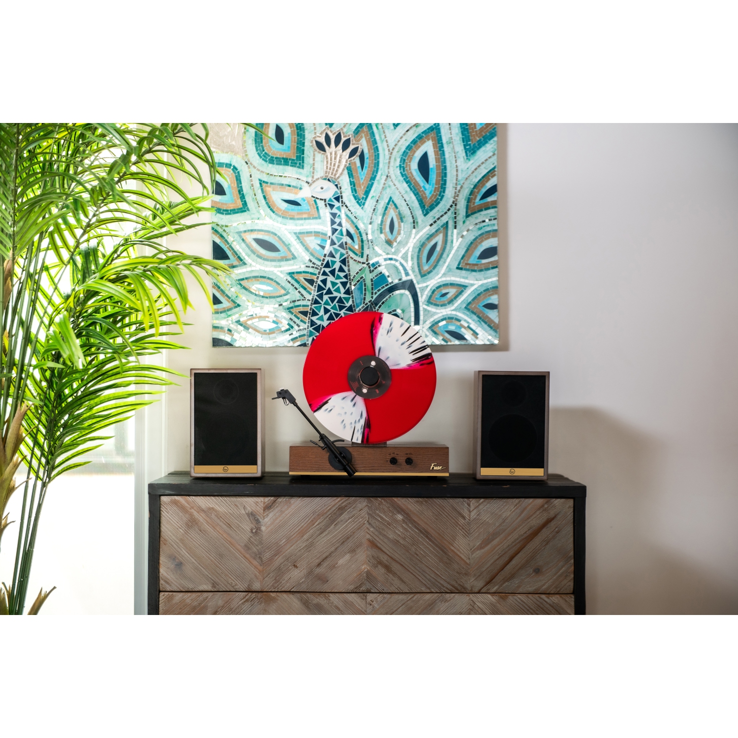 Fuse GLD Vertical Vinyl Record Player with Gold Trim, External Speakers, Audio Technica Needle, and Bluetooth In/Out