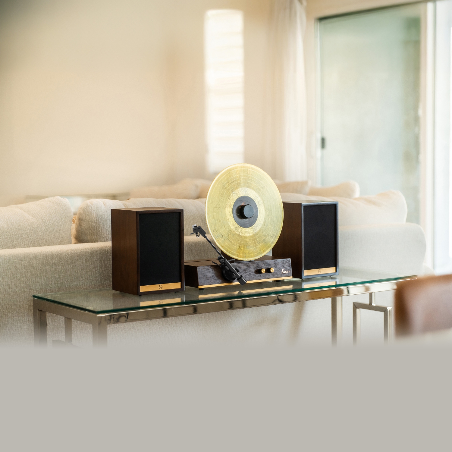 Fuse GLD Vertical Vinyl Record Player with Gold Trim, External Speakers, Audio Technica Needle, and Bluetooth In/Out
