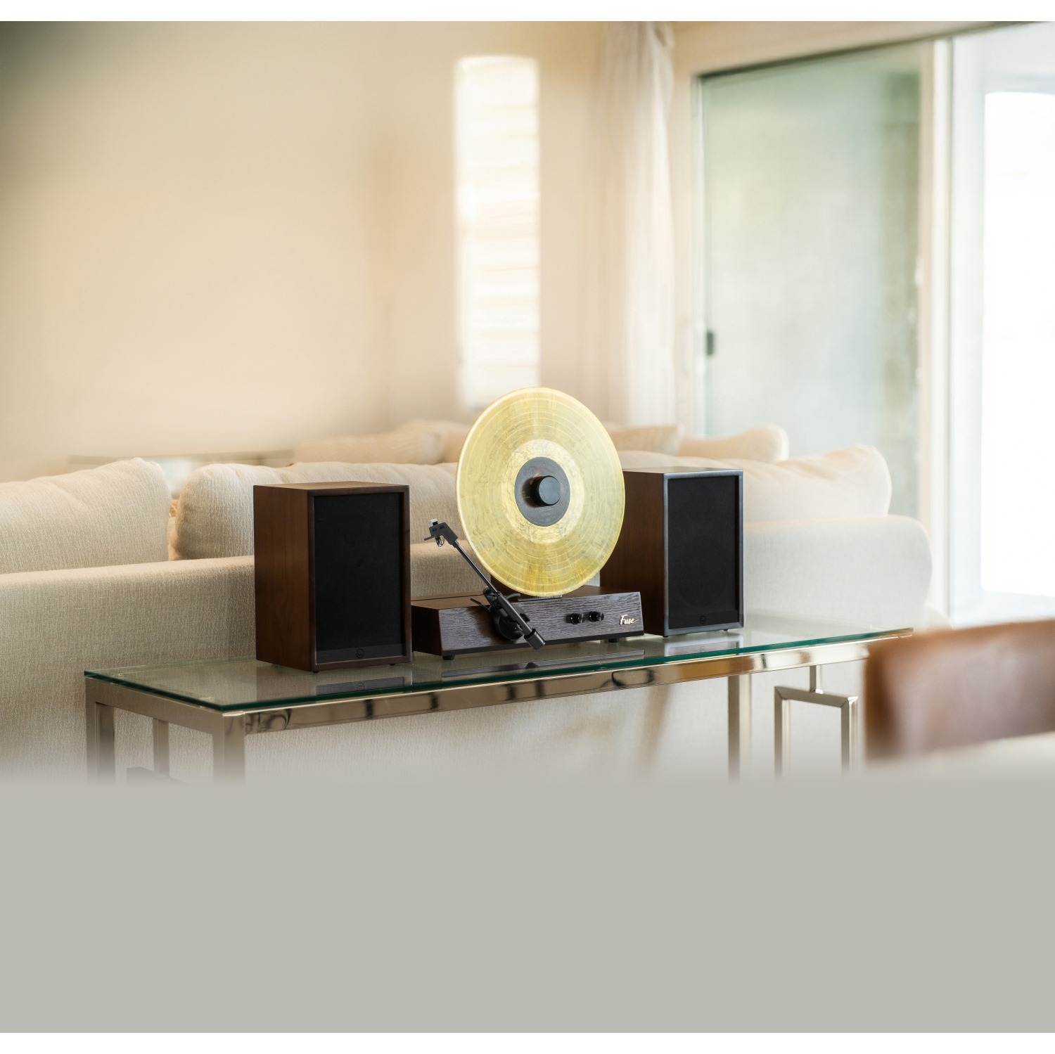 Fuse GLD Vertical Vinyl Record Player with Black Trim, External Speakers, Audio Technica Needle, and Bluetooth In/Out