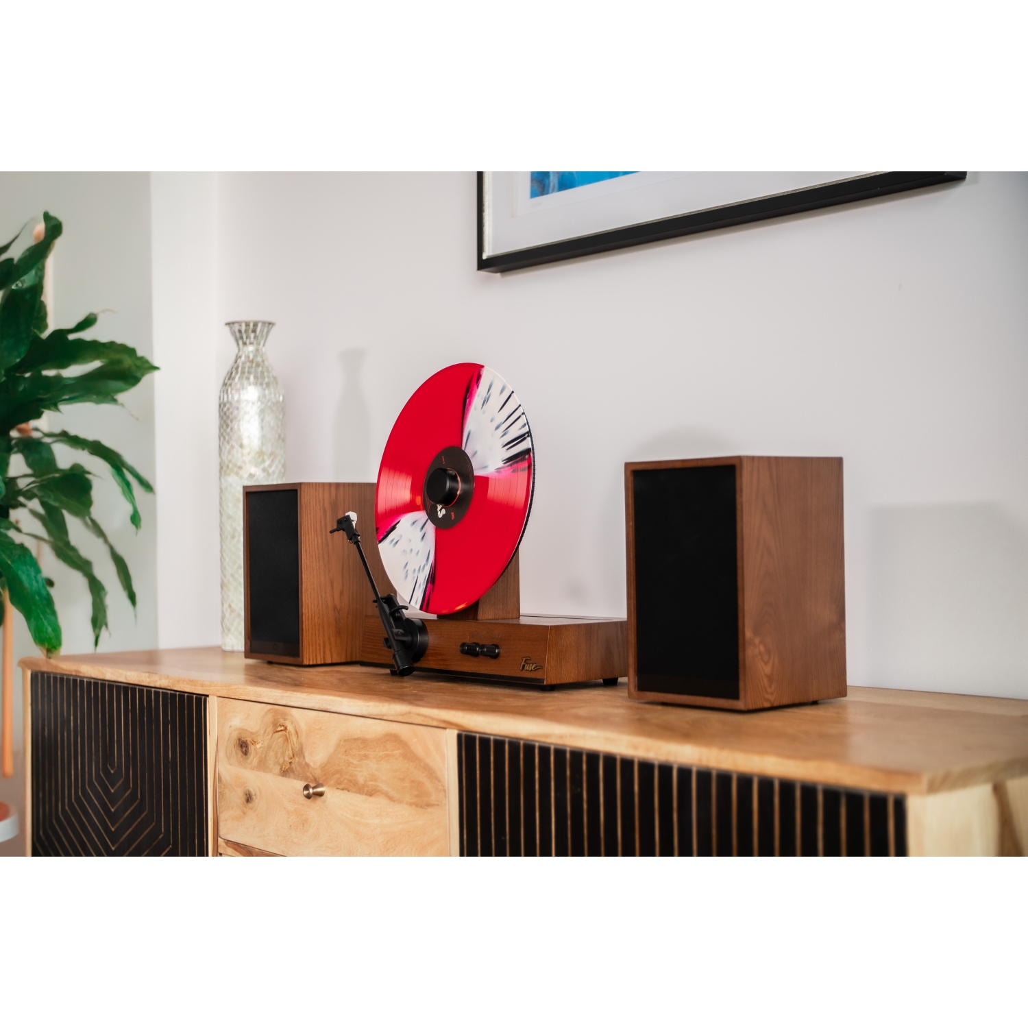 Fuse GLD Vertical Vinyl Record Player with Black Trim, External Speakers, Audio Technica Needle, and Bluetooth In/Out