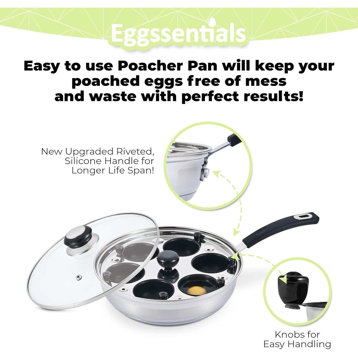 Eggssentials 6-Cup Nonstick Stainless Steel Egg Poacher Pan with Glass Lid and Spatula