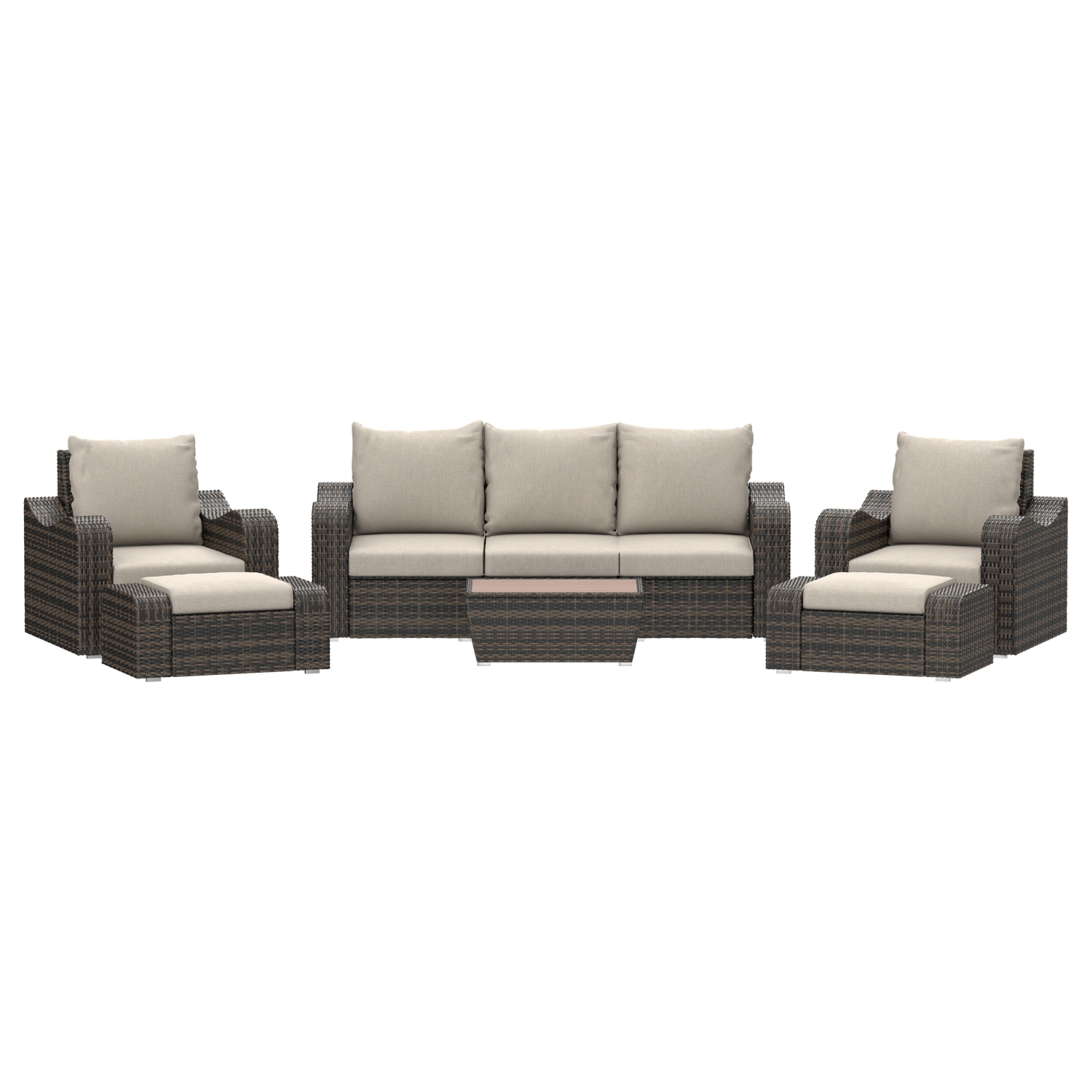 Ensemble de 5 places avec divan et divan d'extérieur en osier brun et table de Deko Living