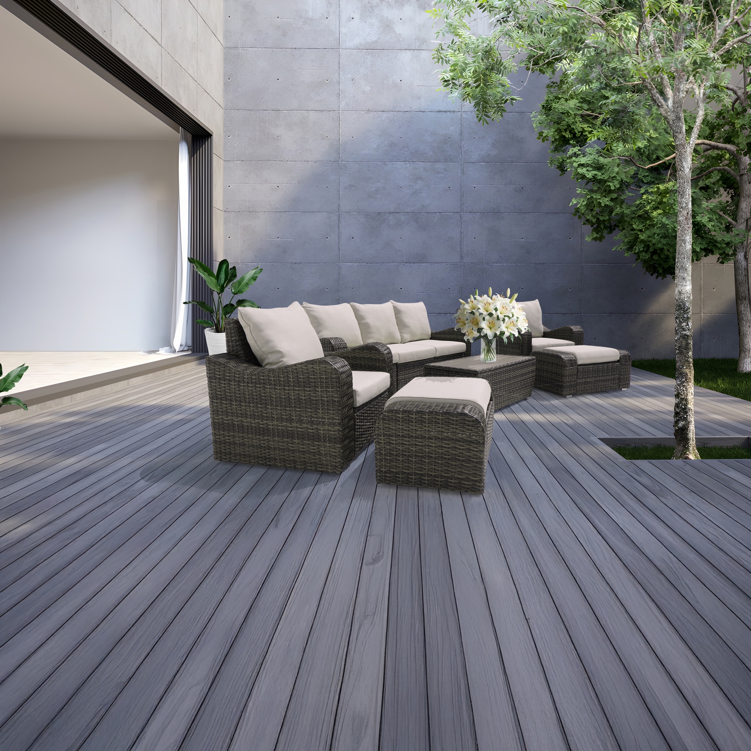 Ensemble de 5 places avec divan et divan d'extérieur en osier brun et table de Deko Living