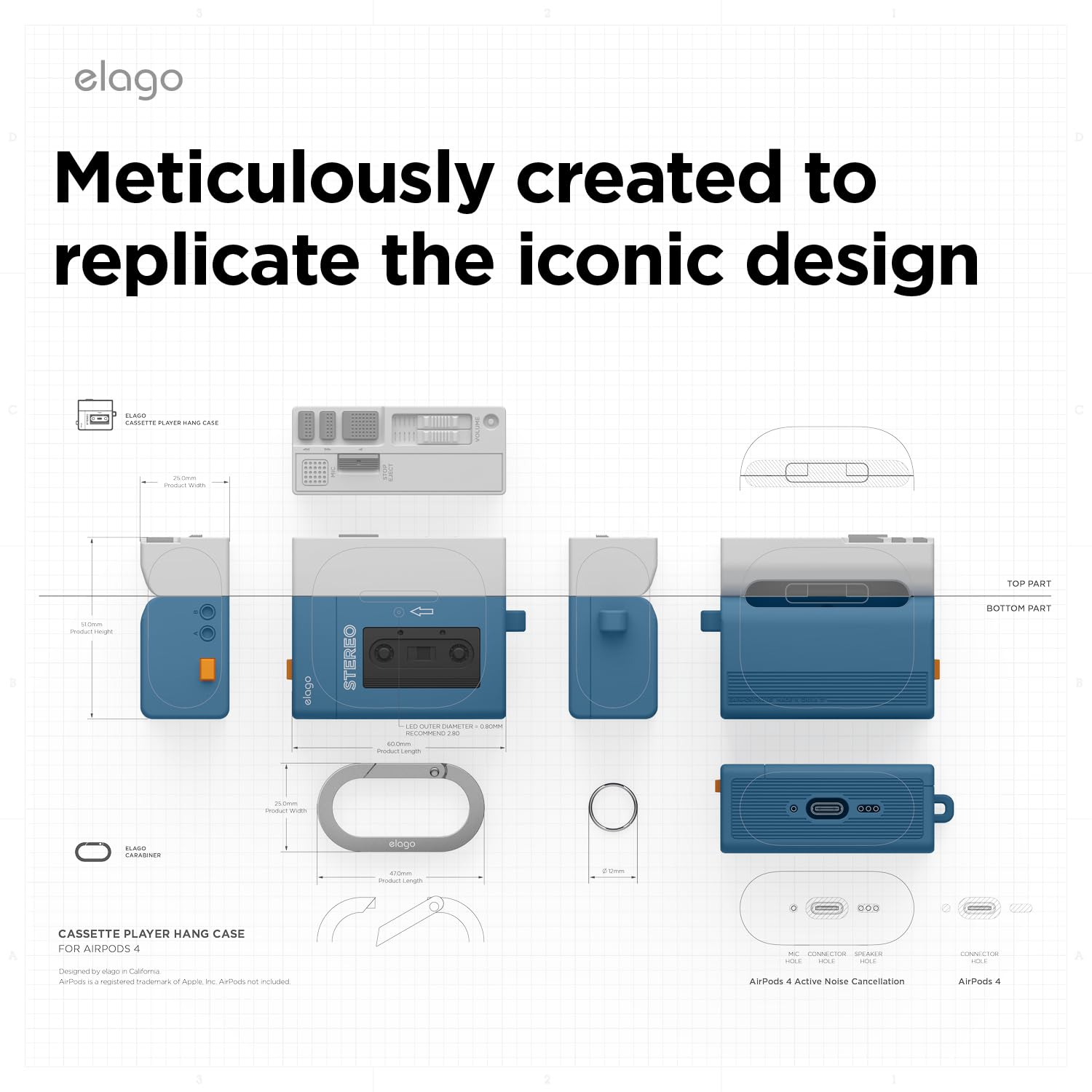 elago Cassette Player Hang Case Compatible with AirPods 4 Case - Supports Wireless Charging, Shock Resistant, Full Protection, Headphone Accessories,