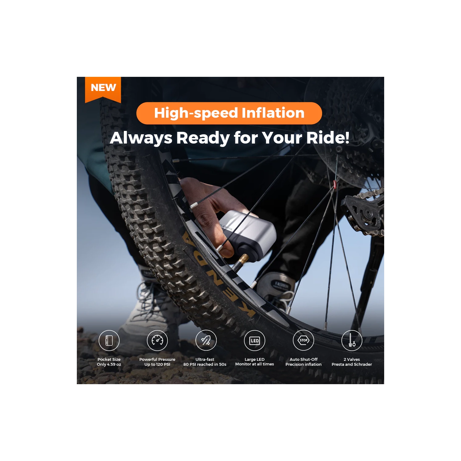 Tiny Bike Pump Pro - 120 PSI High Pressure and LED Display Electric Bike Pump