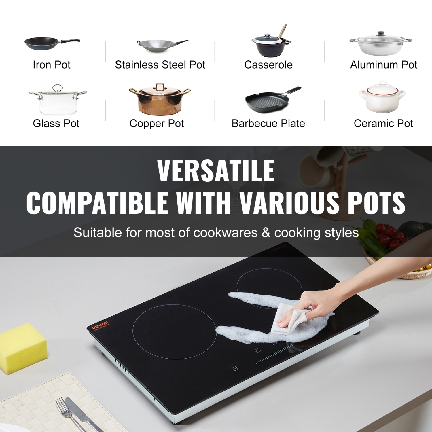 VEVOR 24 inch Electric Cooktop, 2 Burners Built-in Electric Stove Top, 1800W Ceramic Top Radiant Cooktop with Glass Panel, Touch Control, Timer,