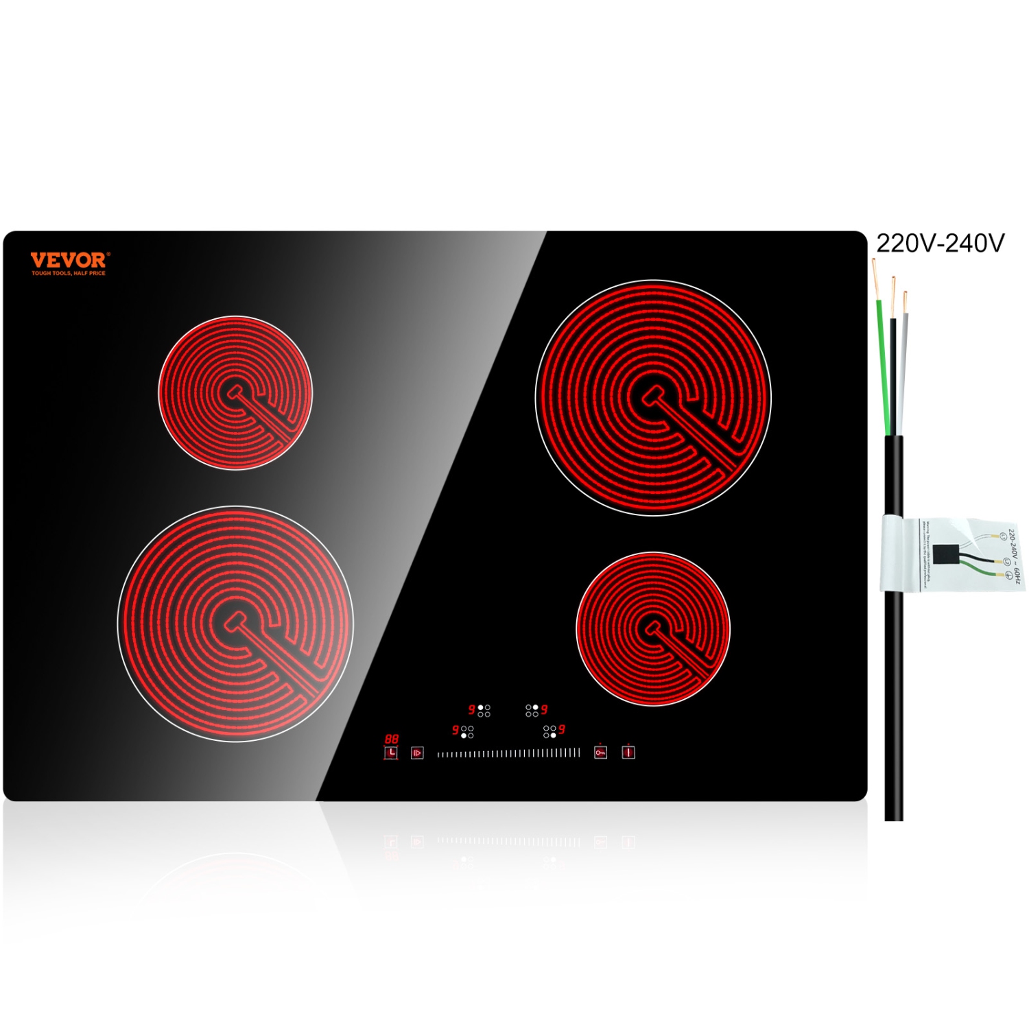 VEVOR 23.2 x 20.5 inch Built in Electric Stove Top,4 Burners, 240V Glass Radiant Cooktop with Sensor Touch Control,Timer & Child Lock Included, 9