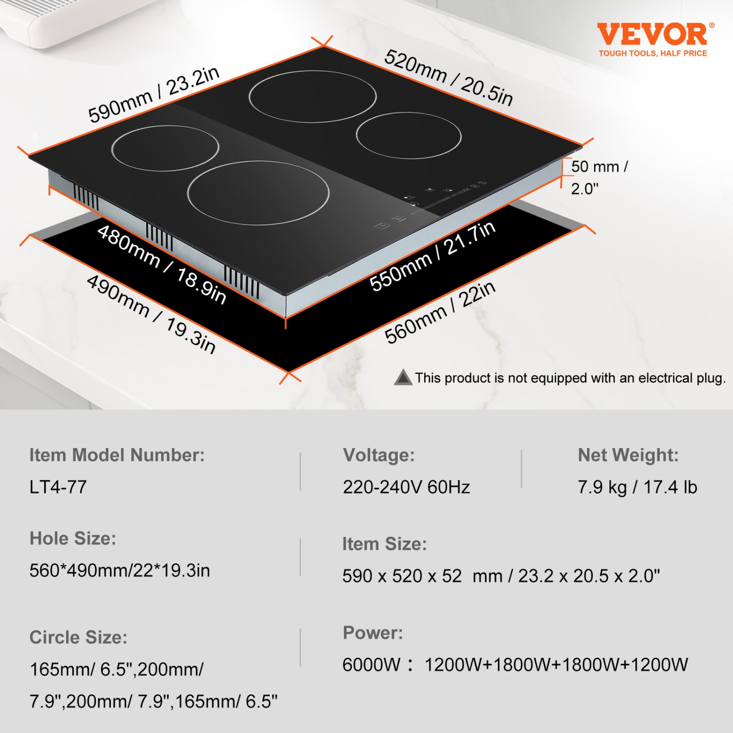 VEVOR 23.2 x 20.5 inch Built in Electric Stove Top,4 Burners, 240V Glass Radiant Cooktop with Sensor Touch Control,Timer & Child Lock Included, 9