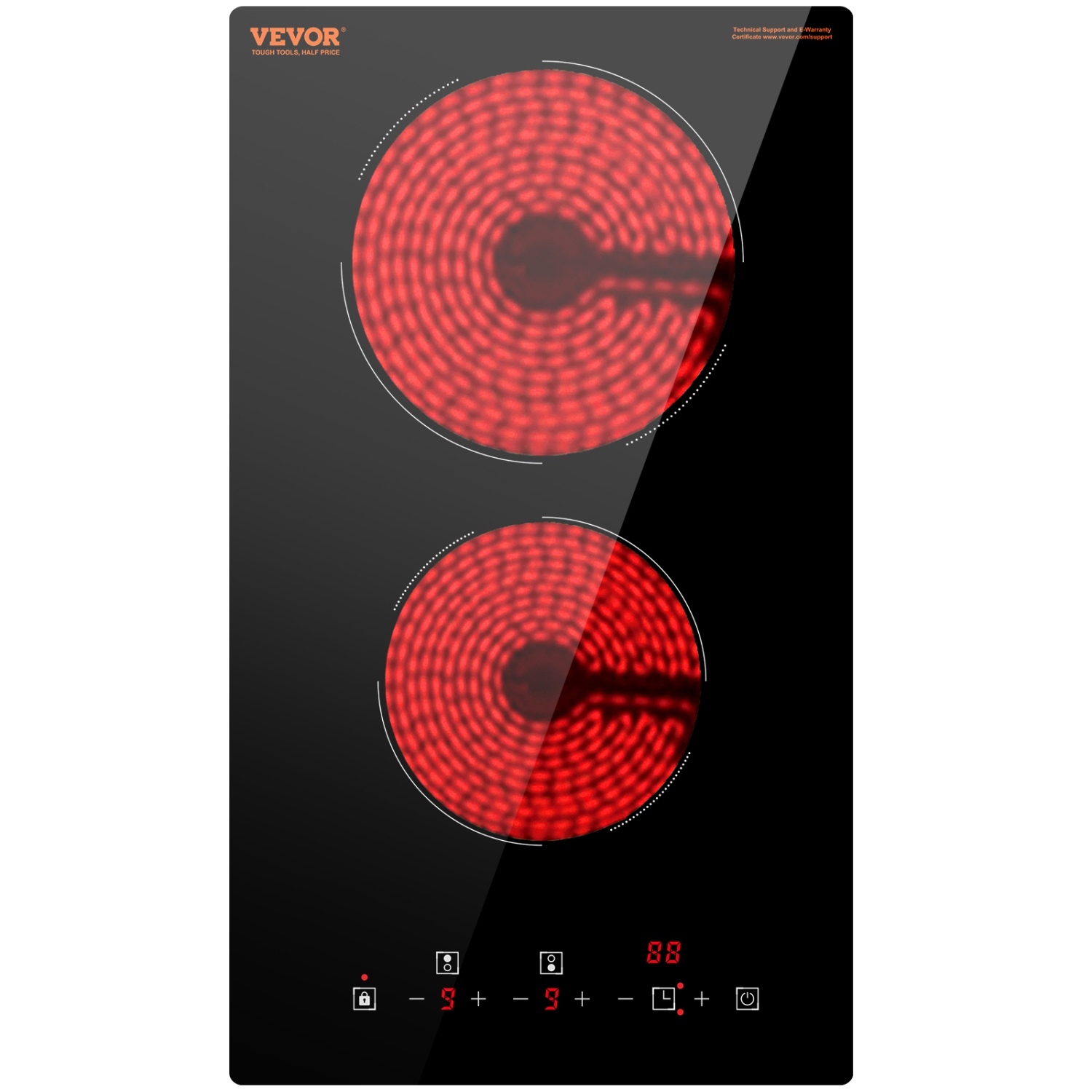 VEVOR 20 x 11.6 inch Built in Electric Stove Top, 2 Burners, 240V Glass Radiant Cooktop with Sensor Touch Control, Timer & Child Lock Included, 9