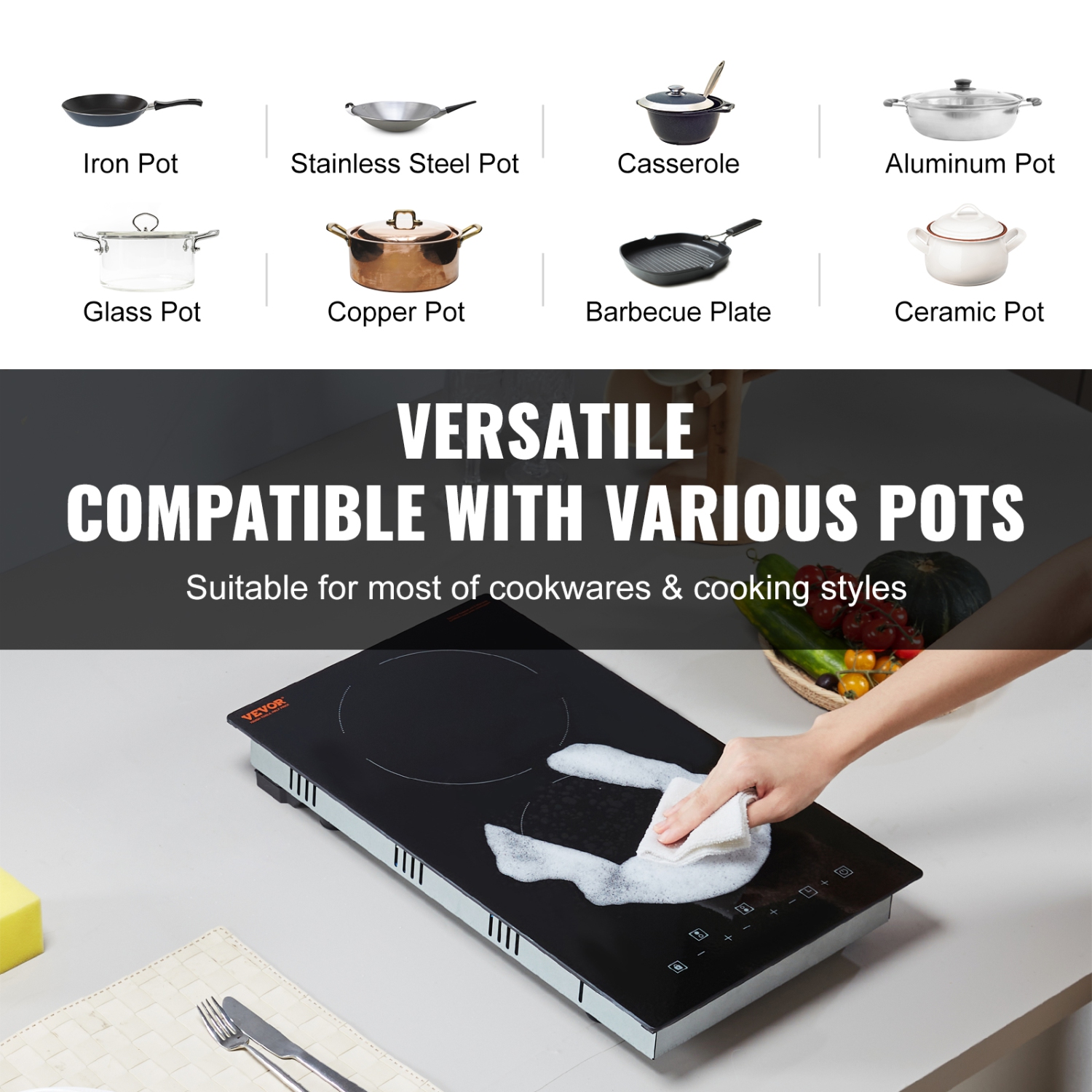 VEVOR 20 x 11.6 inch Built in Electric Stove Top, 2 Burners, 240V Glass Radiant Cooktop with Sensor Touch Control, Timer & Child Lock Included, 9