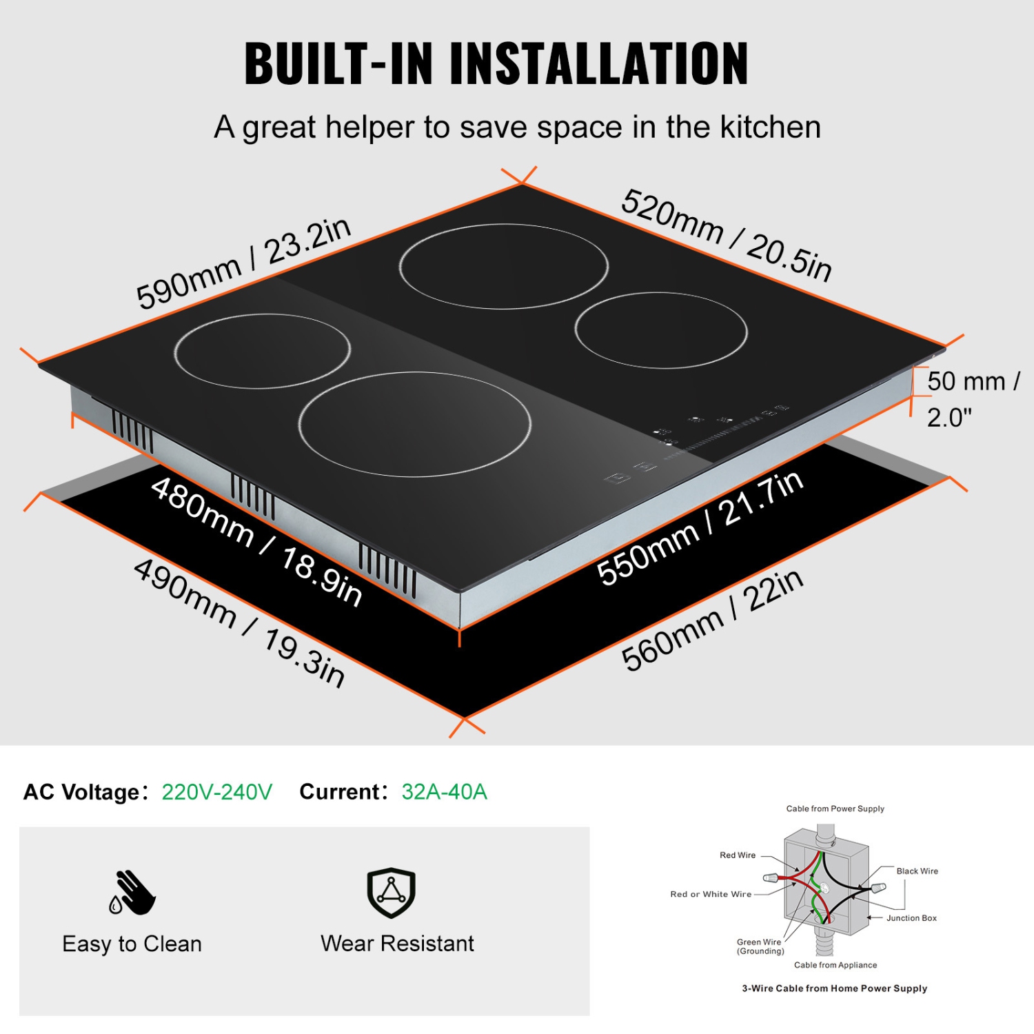 VEVOR 20 x 11.6 inch Built in Electric Stove Top, 2 Burners, 240V Glass Radiant Cooktop with Sensor Touch Control, Timer & Child Lock Included, 9