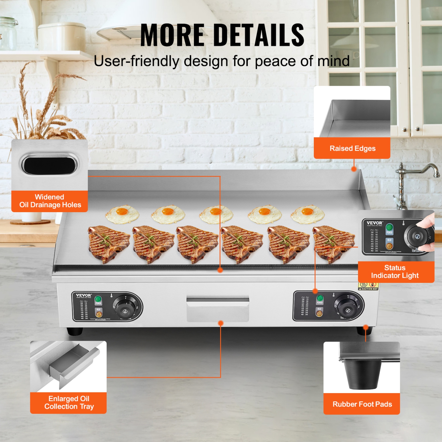 VEVOR 2800W Commercial Electric Griddle, Countertop Flat Top Grill, 122℉-572 ℉ Adjustable Temp, 28.74x15.75x0.39in Stainless Steel Griddle Grill with