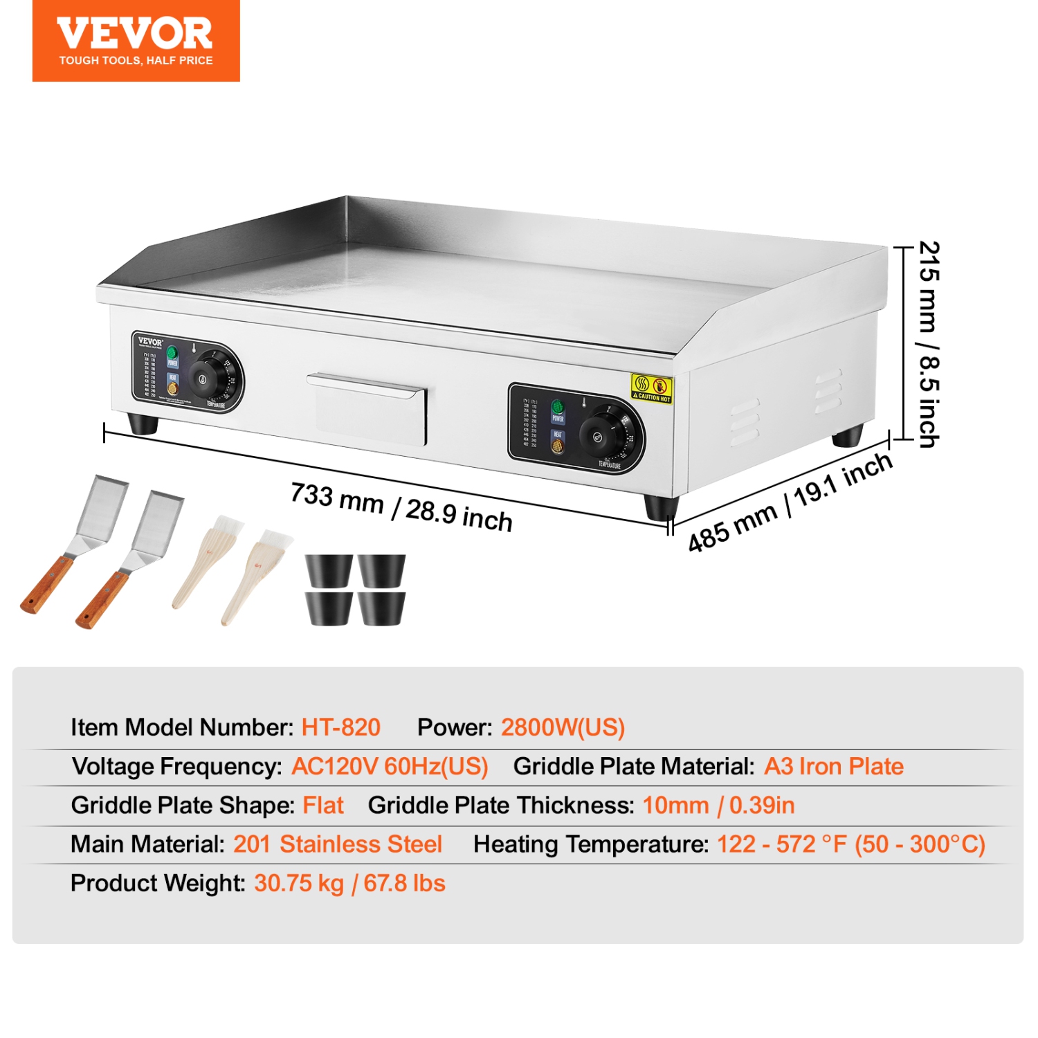 VEVOR 2800W Commercial Electric Griddle, Countertop Flat Top Grill, 122℉-572 ℉ Adjustable Temp, 28.74x15.75x0.39in Stainless Steel Griddle Grill with