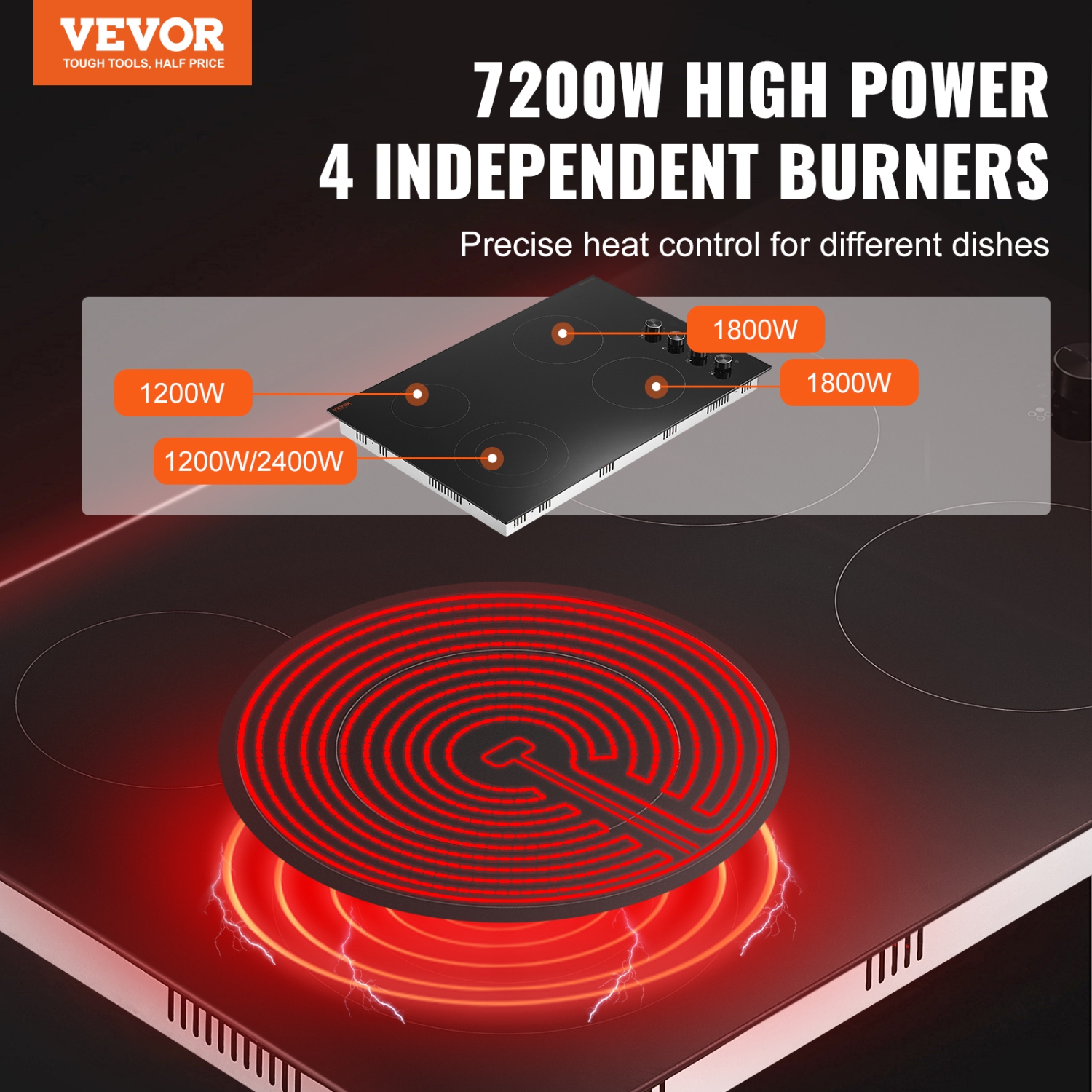 VEVOR 30 inch Electric Cooktop, 4 Burners Built-in Electric Stove Top, 7200W Ceramic Top Radiant Cooktop, with Glass Panel, Knob Control, 11 Heat